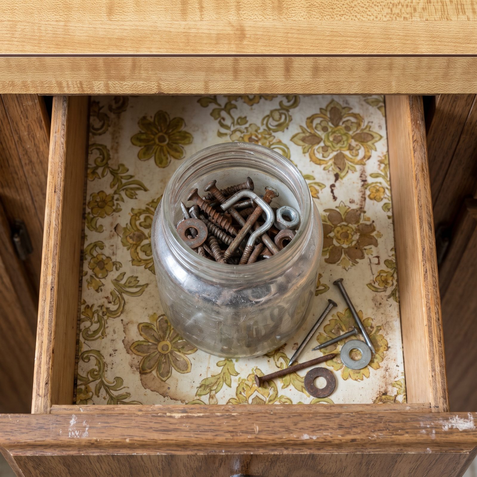 A Baby-Food Jar Filled With Mixed Screws, Nails, and Washers