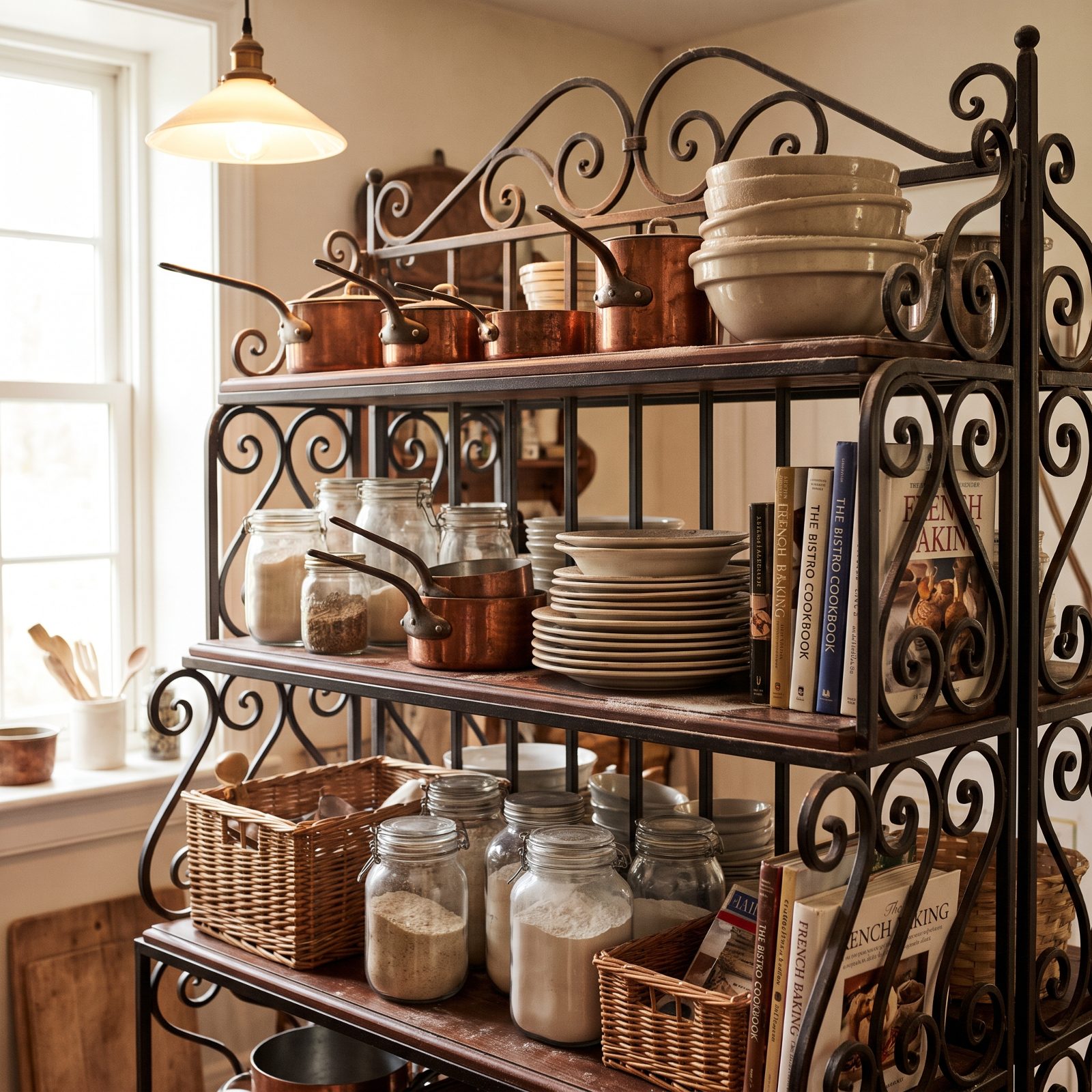 Baker's Rack With Scrollwork and Wood Shelves