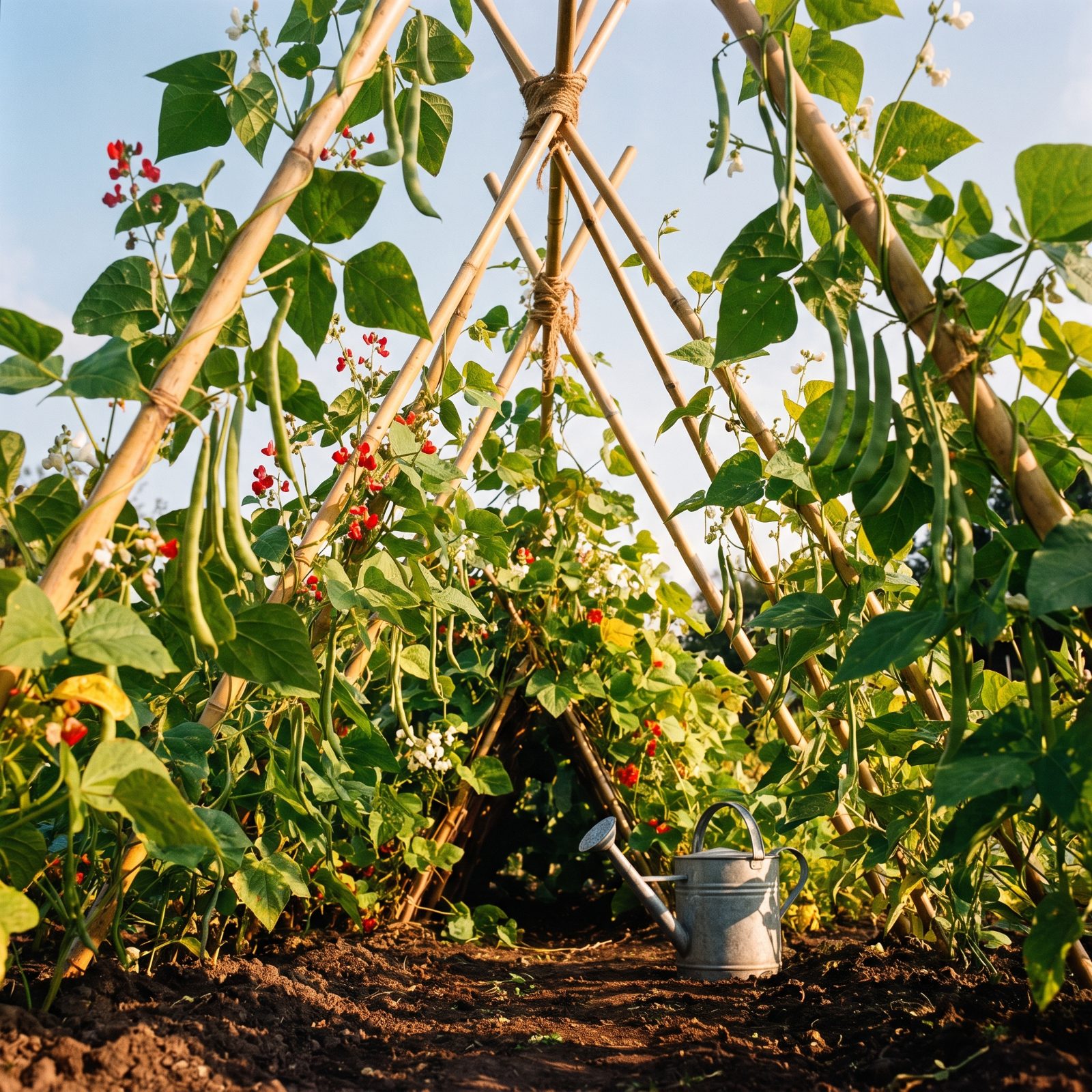 Bamboo Bean Teepees Covered in Vines