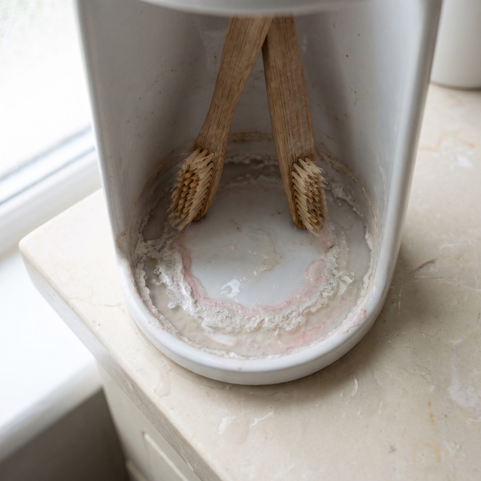 The Base of the Toothbrush Holder, Where Drips Pool and Never Dry