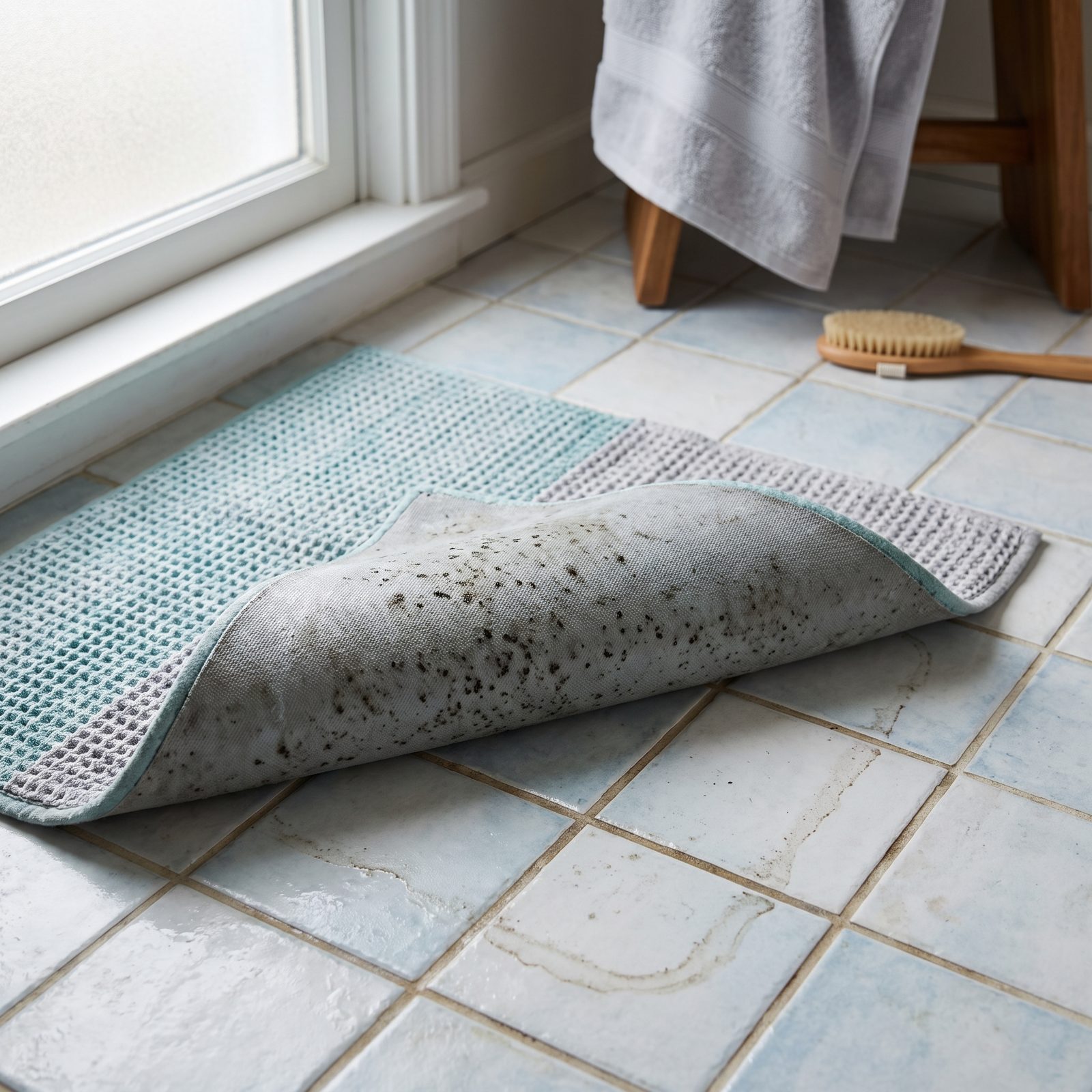A Bath Mat with Mildew Trapped Under Its Rubber Backing