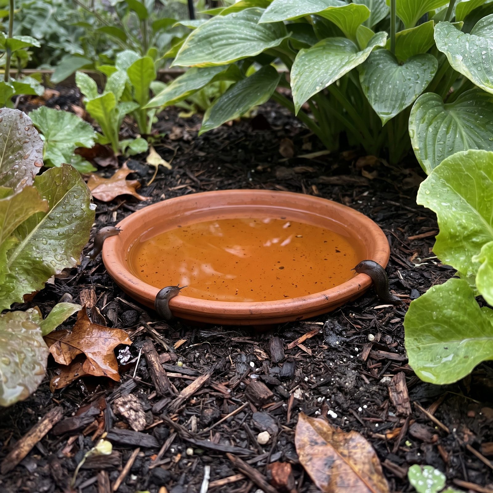 Beer-Filled Saucer Traps Set Out for Slugs