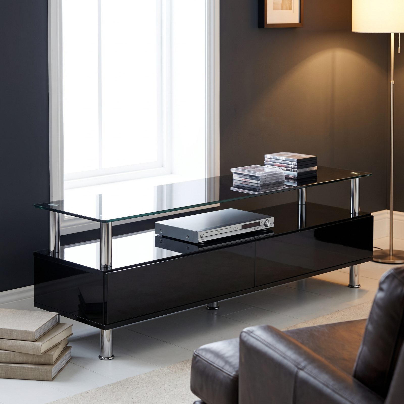 Black-and-Chrome Glass Media Stand