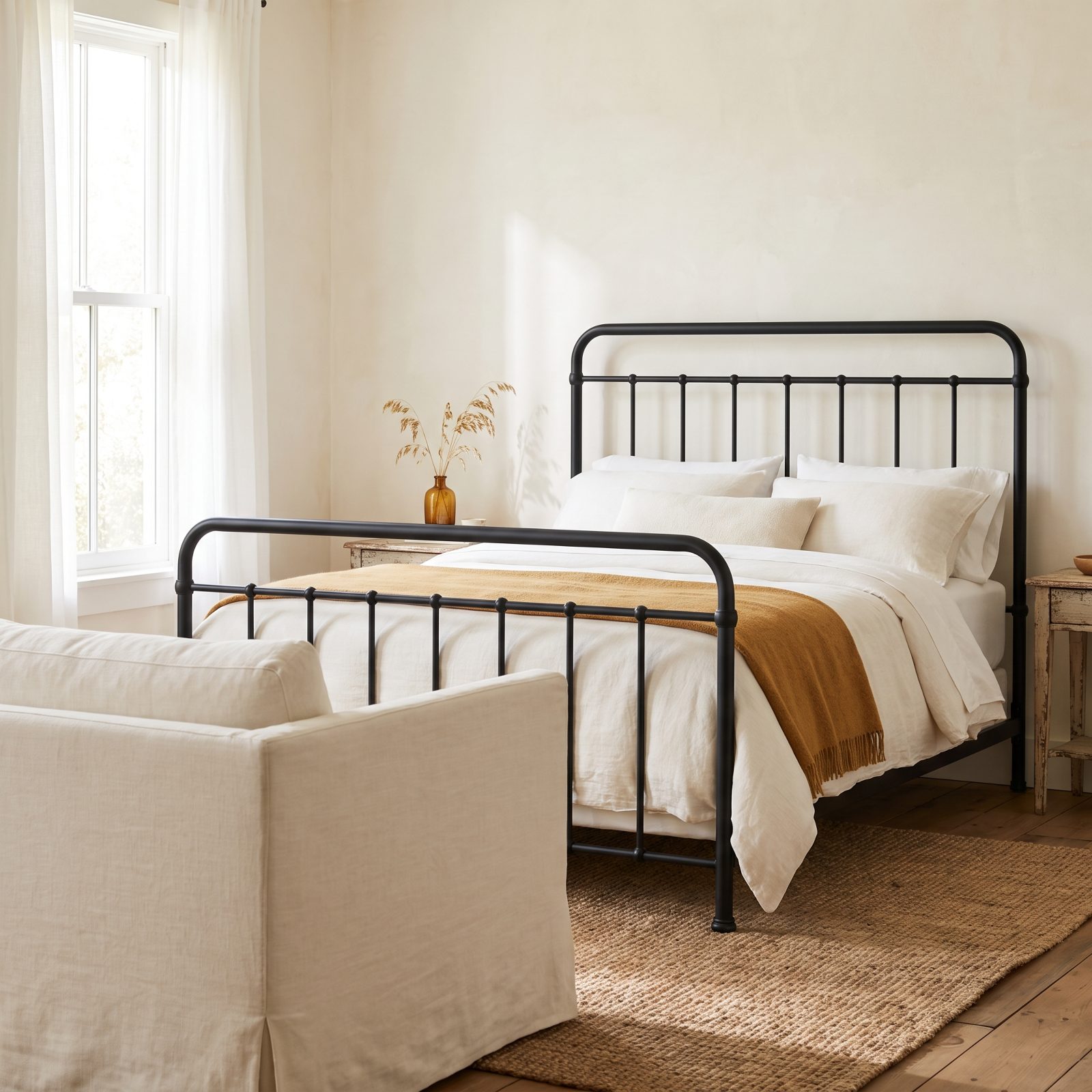 Black Iron Bed Frames Draw a Clean Line Around the Bed