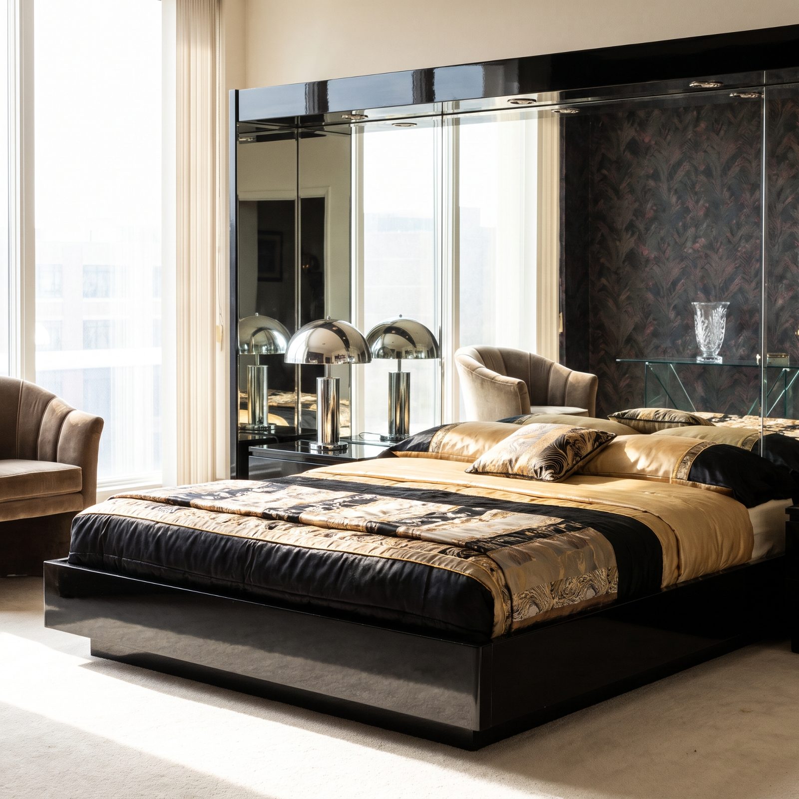 The Black Lacquer Bed With a Mirrored Headboard