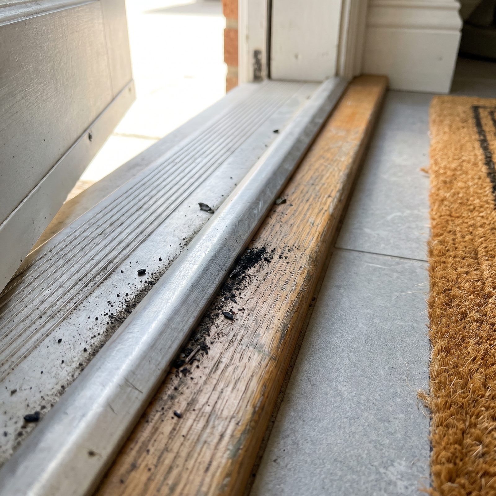 Blackened Door-Threshold Grooves Track Outdoor Soil