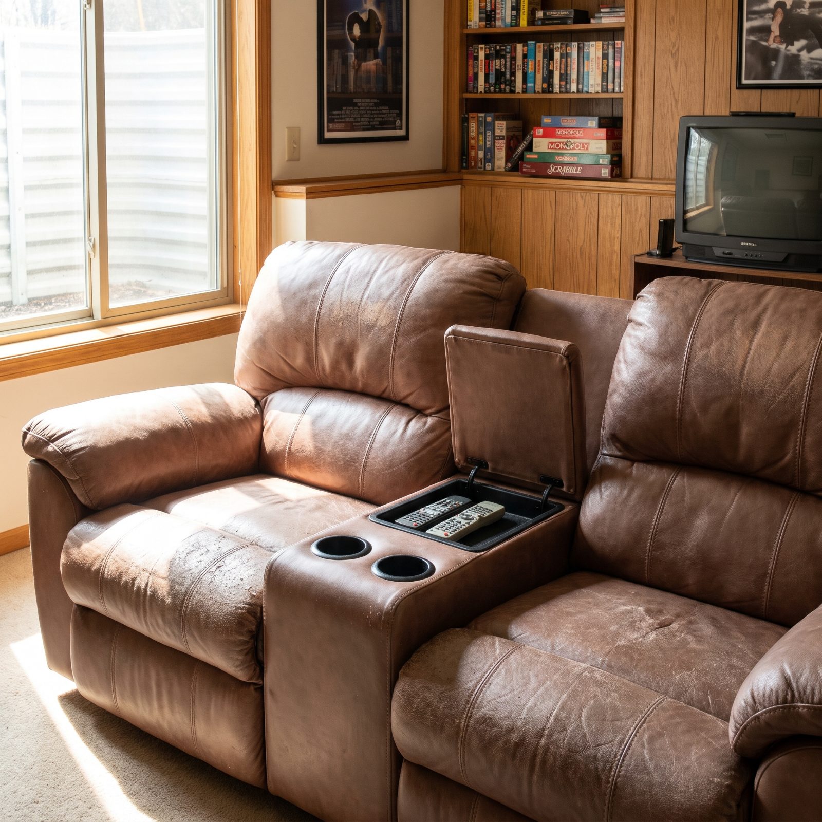 The Bonded-Leather Reclining Loveseat With a Center Console