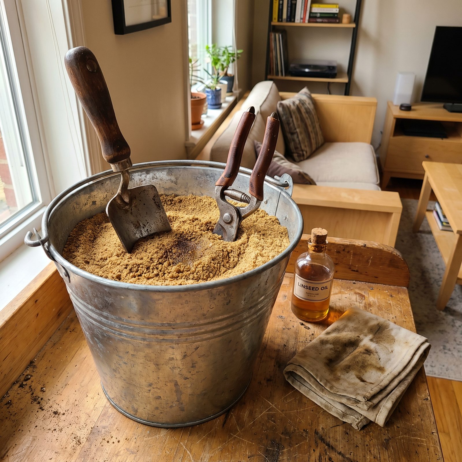 A Bucket of Oiled Sand That Cleans and Protects Hand Tools
