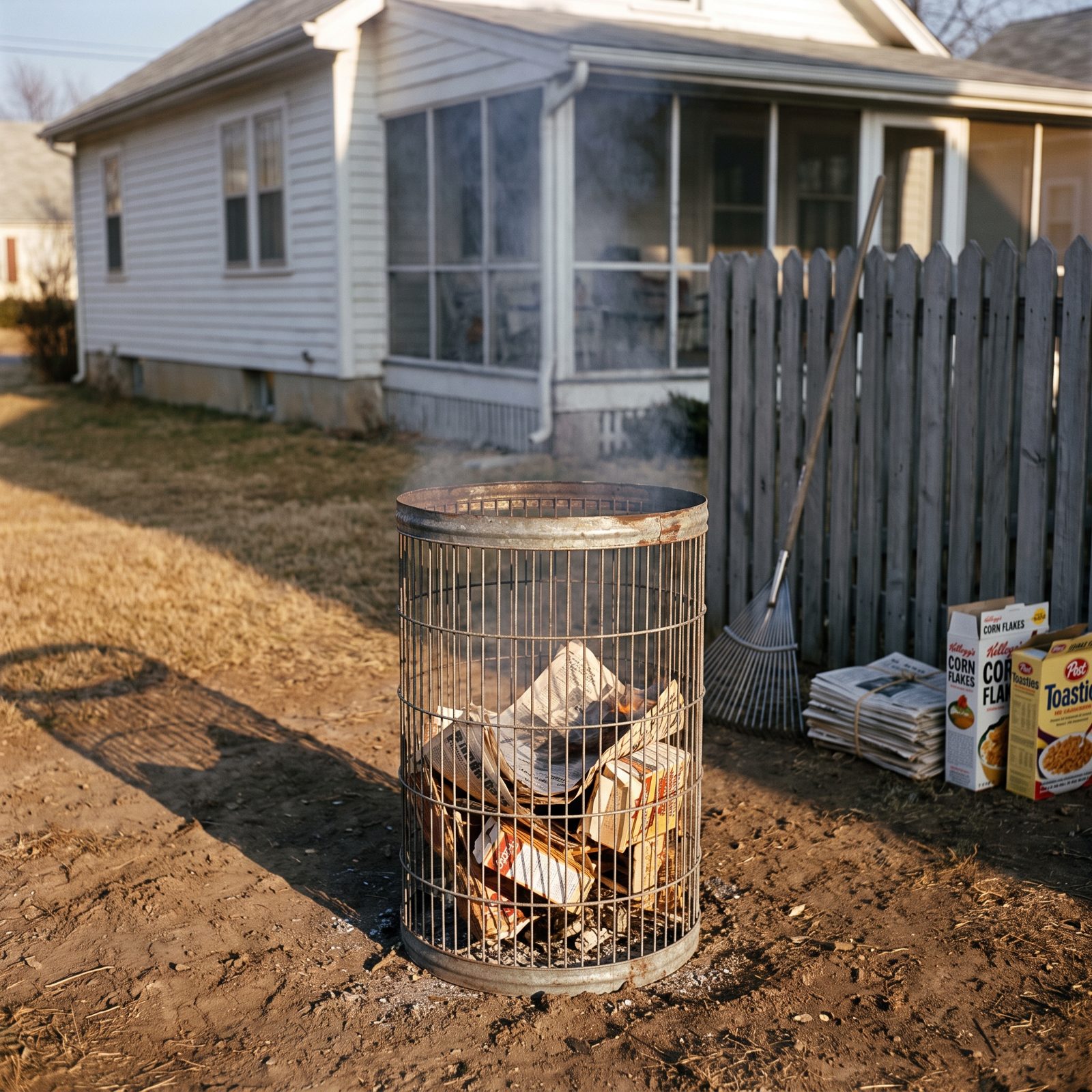 Burning the Week's Paper in a Backyard Incinerator