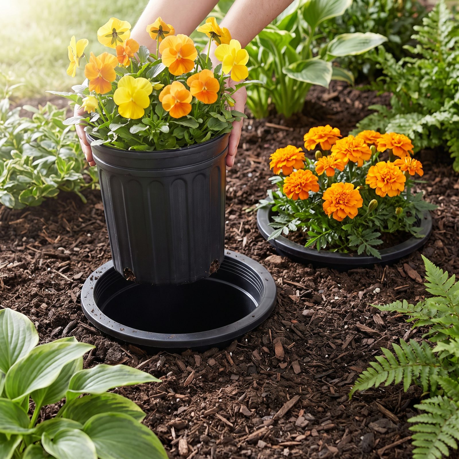 Bury Empty Nursery Pots as Sockets for Instant Seasonal Plant Swaps