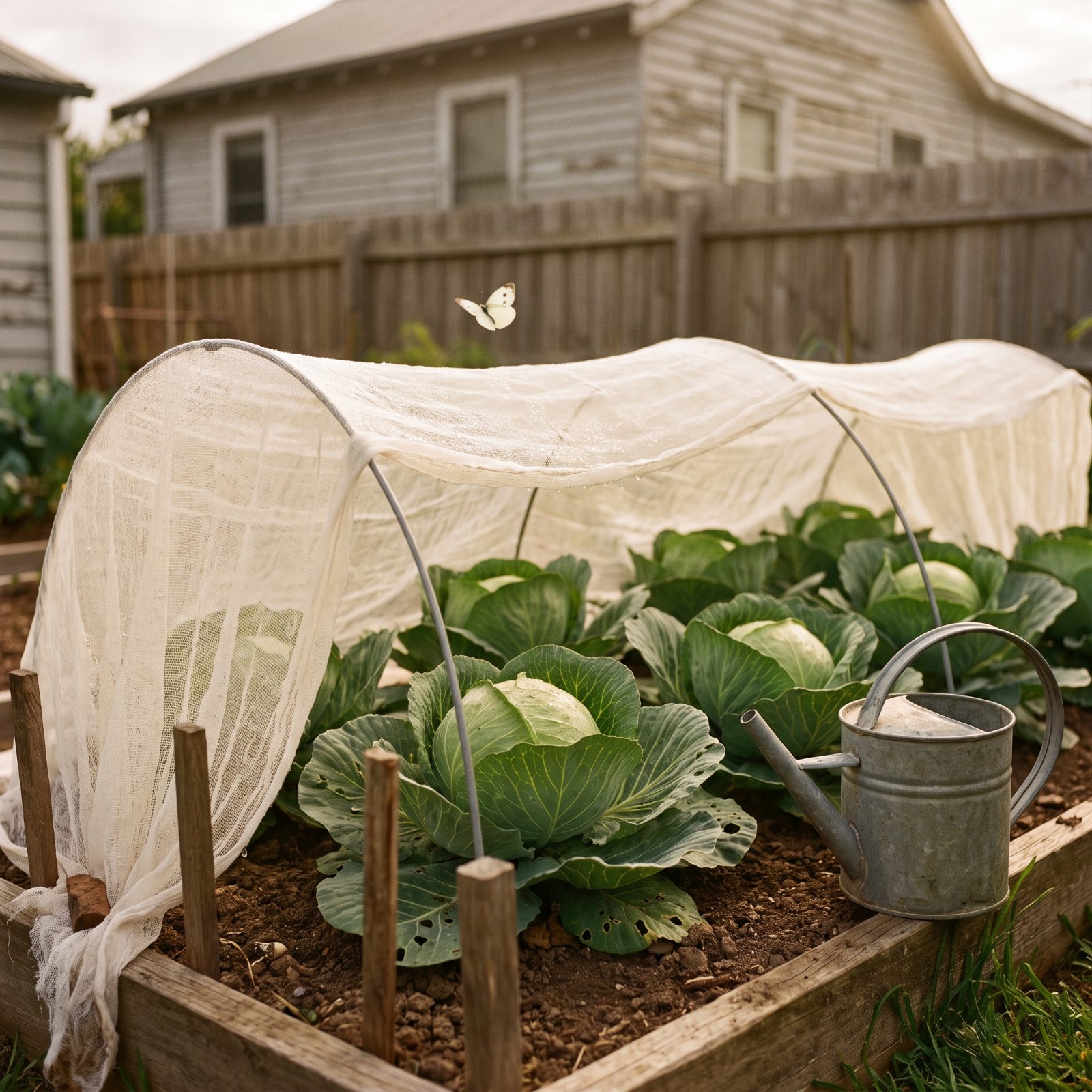 Cabbages Protected Beneath Cheesecloth