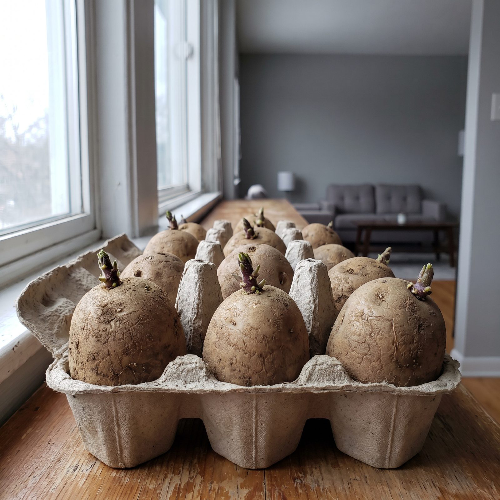 Chit Seed Potatoes Upright in Egg Cartons