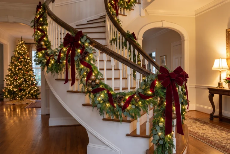 A grand staircase dressed in a lush lit Christmas garland with red velvet bows, pinecones and gold ornaments