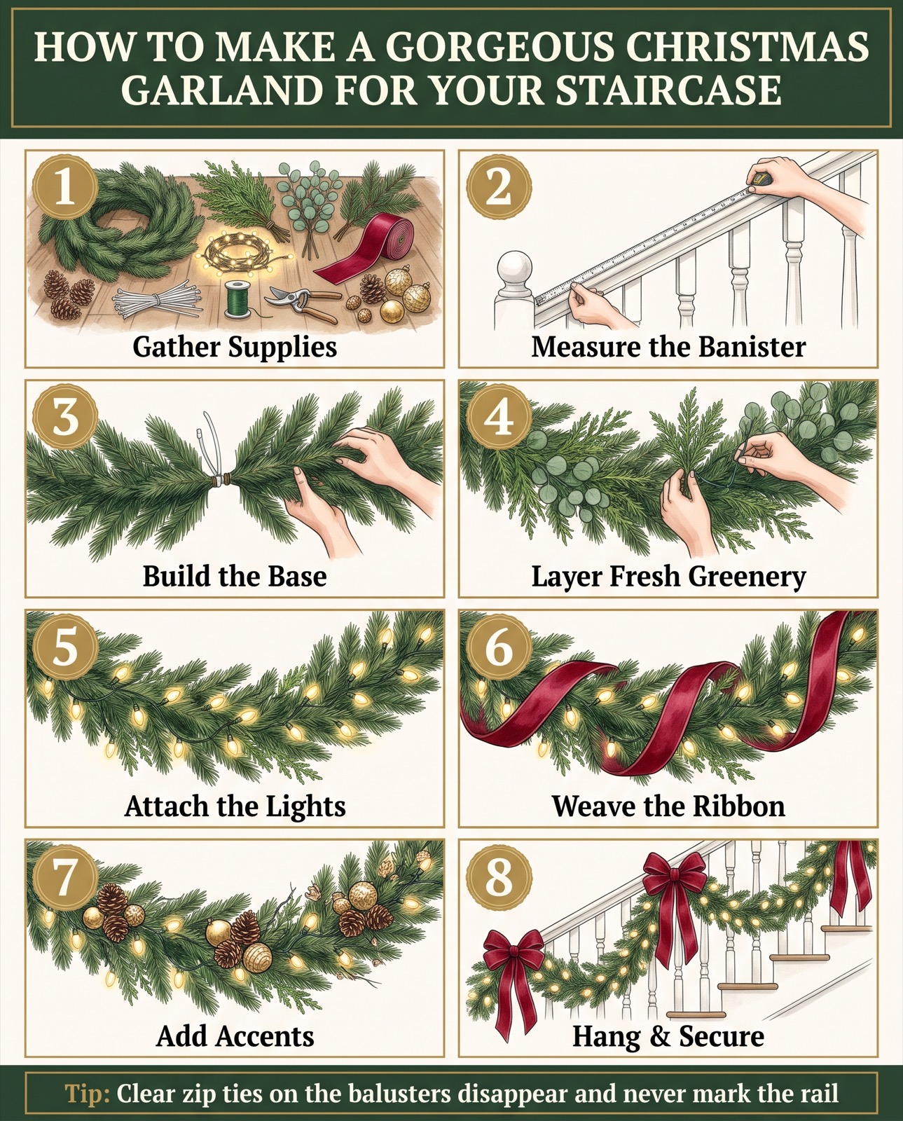 Step-by-step infographic: how to make a Christmas garland for your staircase, from gathering supplies to hanging and securing it