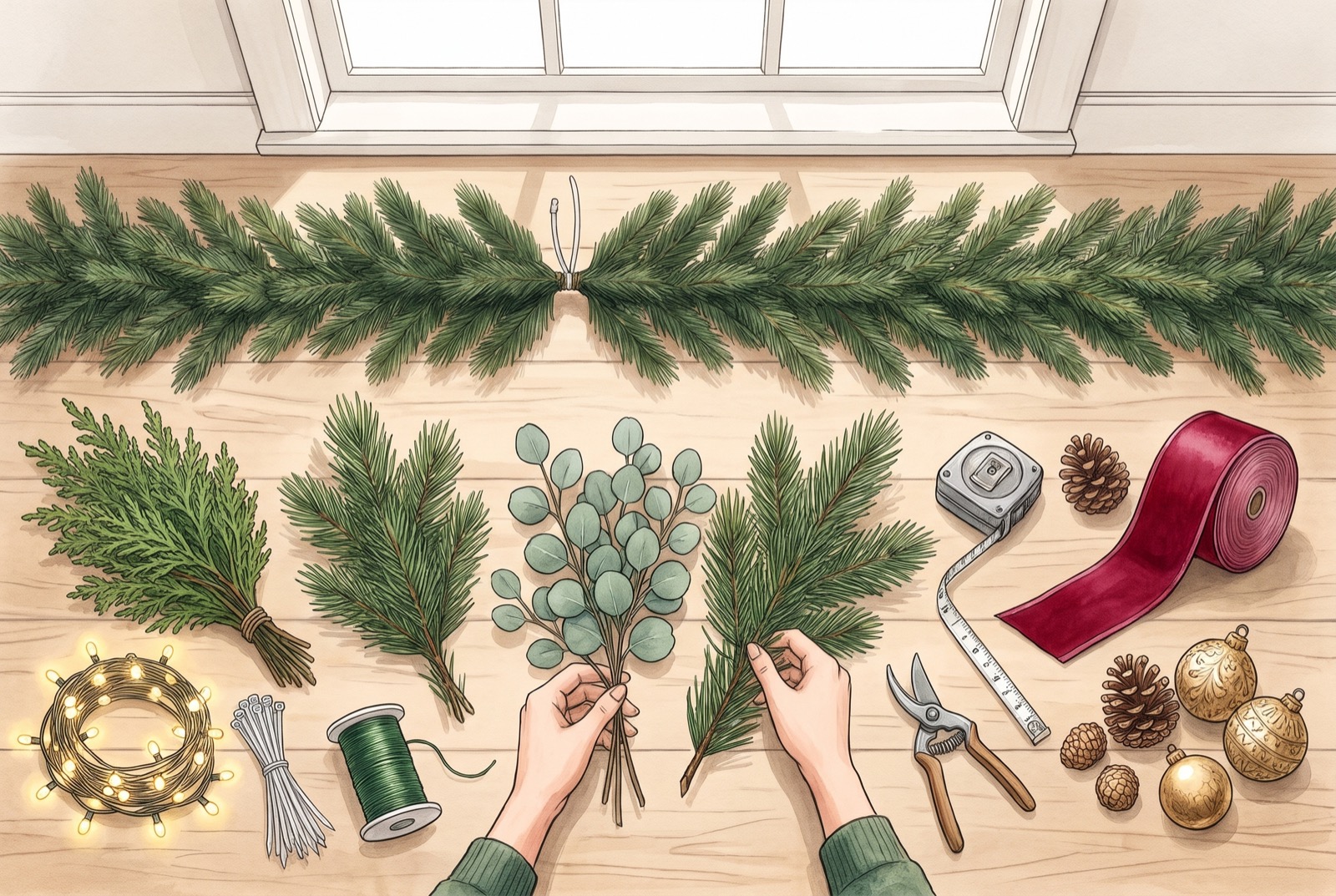 Staircase garland supplies laid out on a wooden floor: faux pine garland, fresh cedar, pine and eucalyptus, string lights, zip ties, floral wire, shears, tape measure, velvet ribbon, pinecones and ornaments