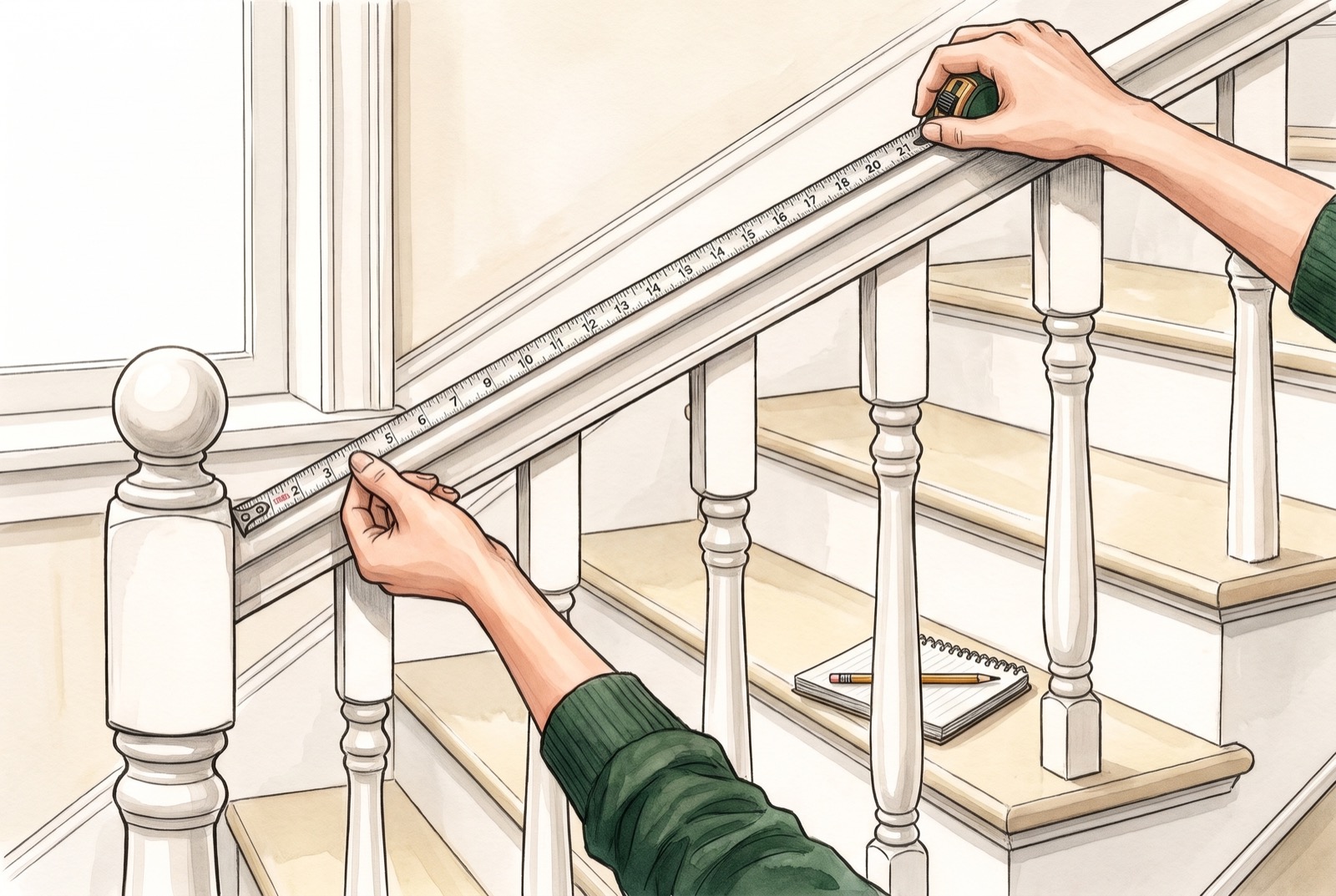 Hands measuring a staircase handrail with a measuring tape