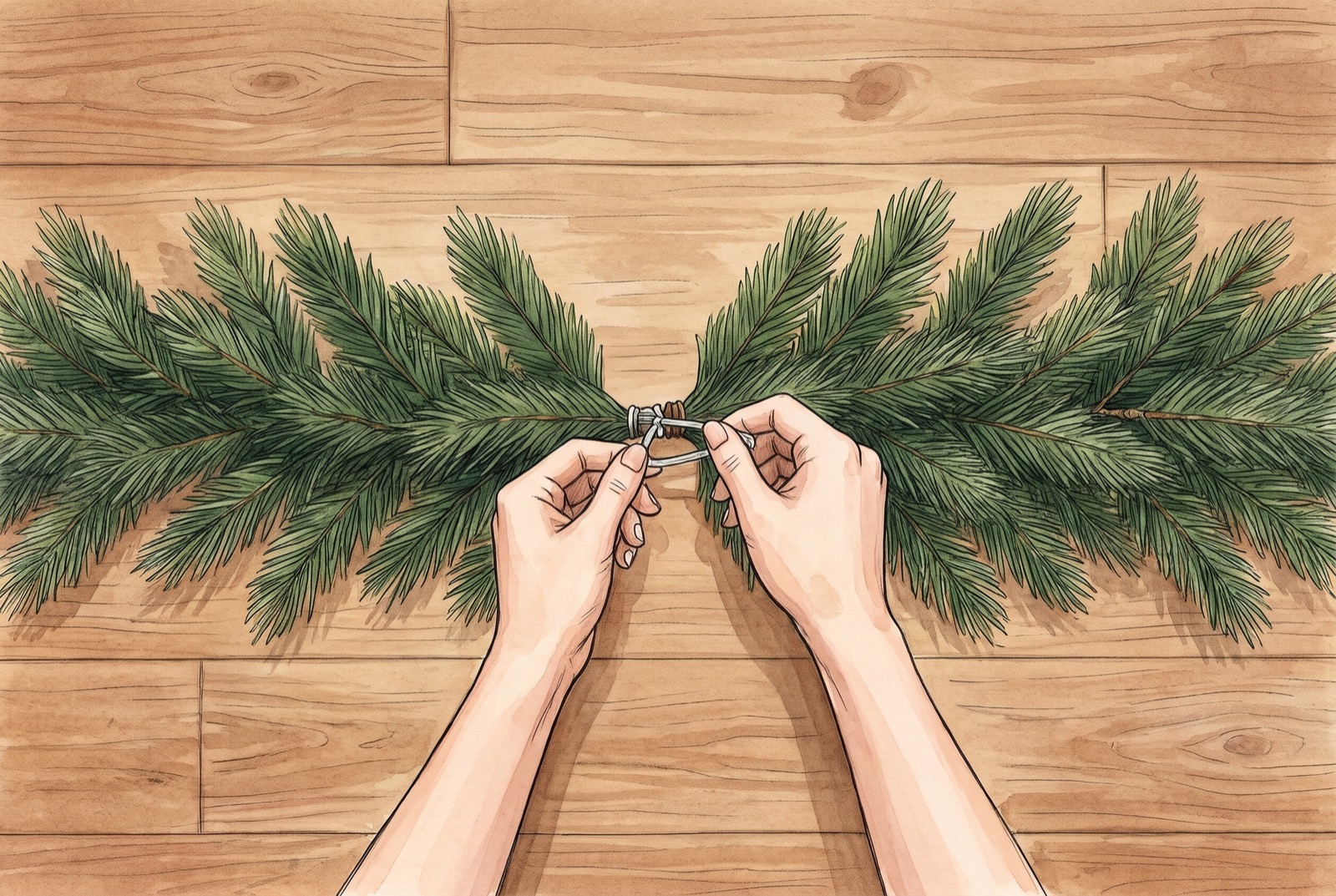 Hands joining two lengths of faux pine garland with a clear zip tie