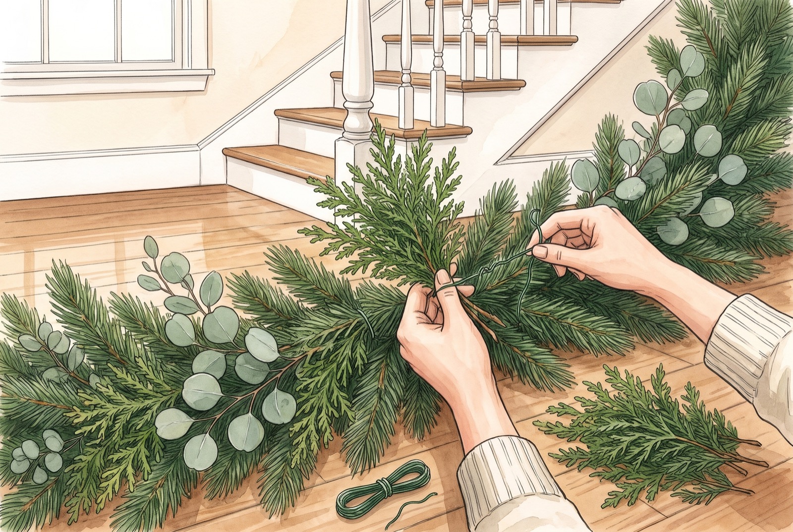 Hands wiring fresh cedar and eucalyptus into a faux pine garland