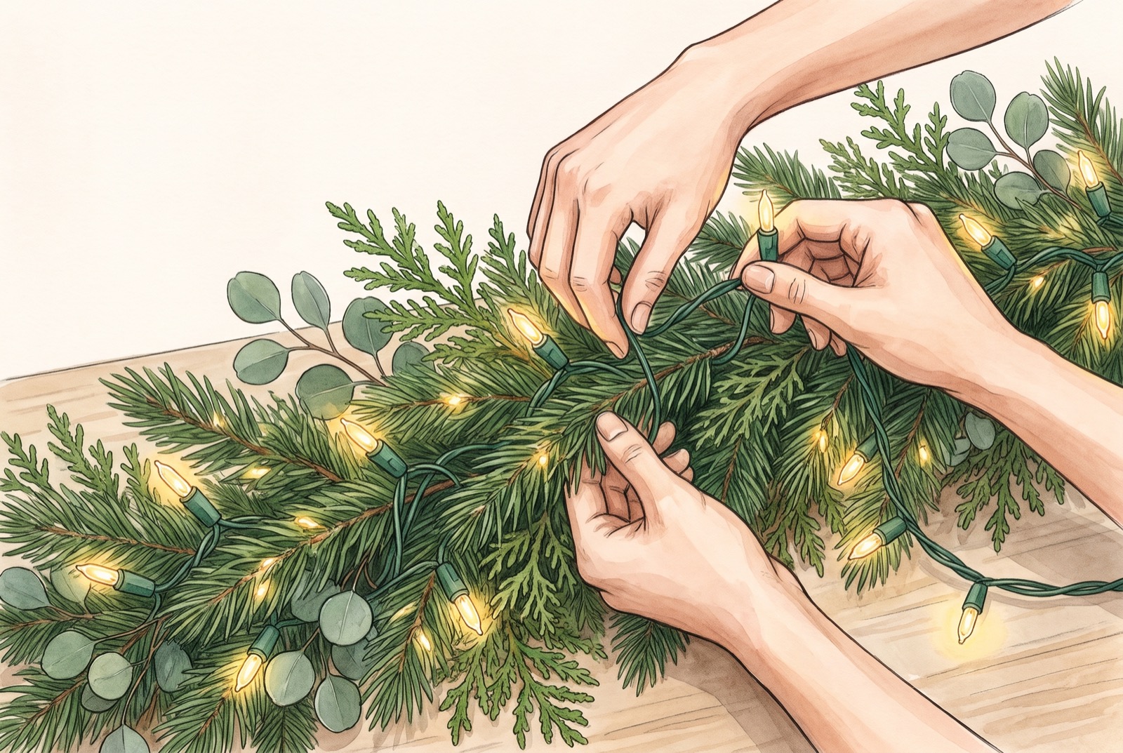 Hands weaving warm white string lights through a greenery garland