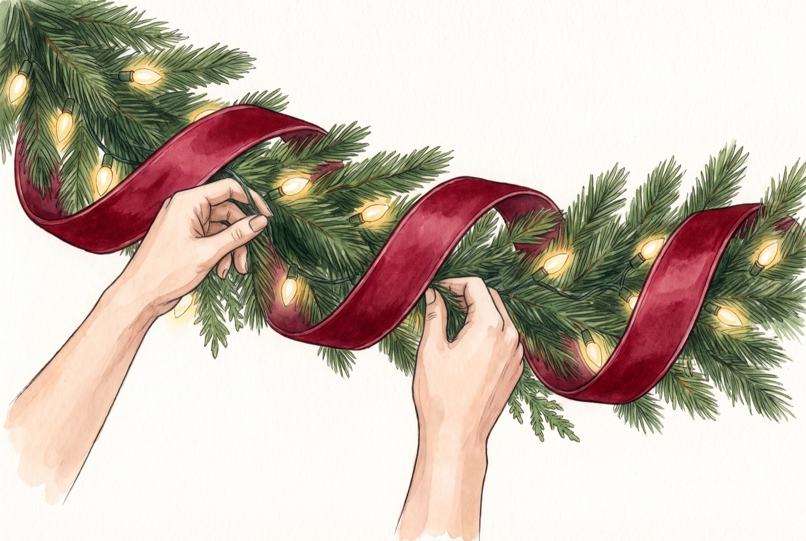 Hands spiraling red velvet ribbon along a lit garland
