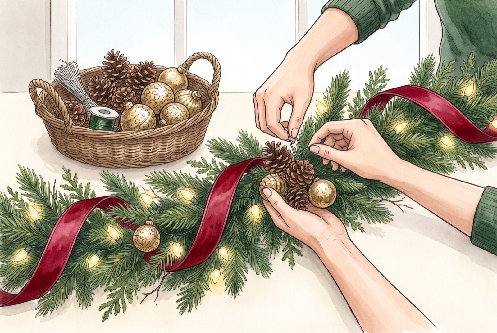 Hands wiring pinecones and gold ornaments into a lit garland with ribbon