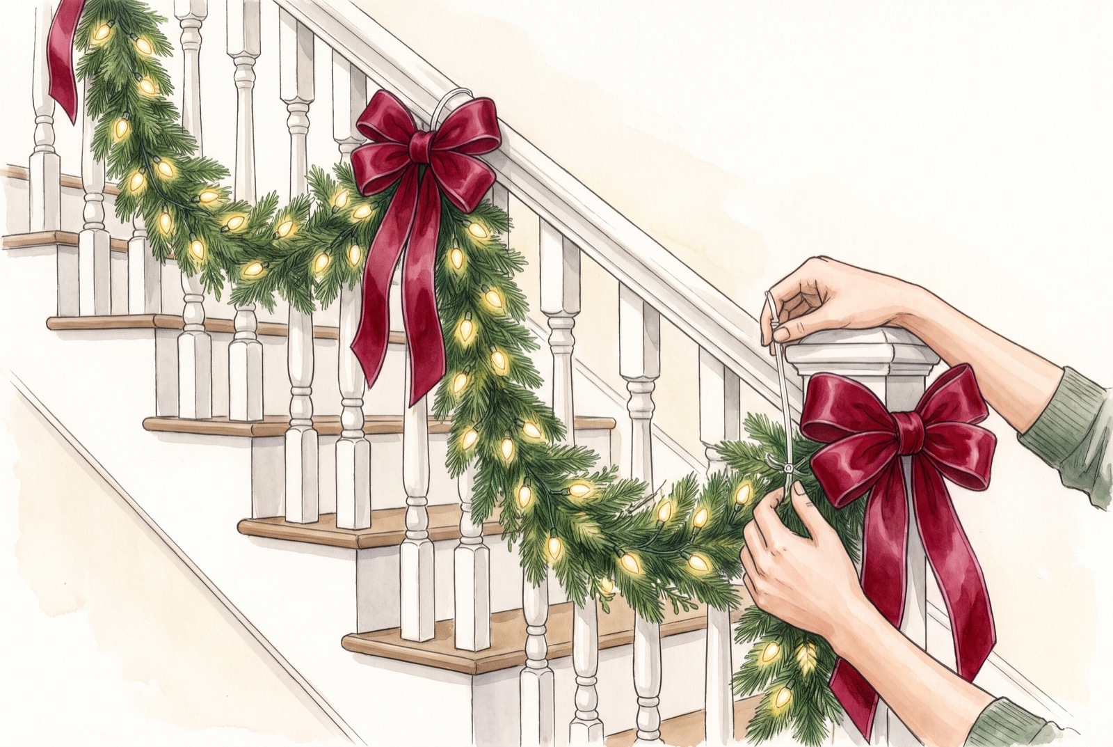 Hands fastening a lit garland to a staircase baluster with a clear zip tie, red bows at each swag