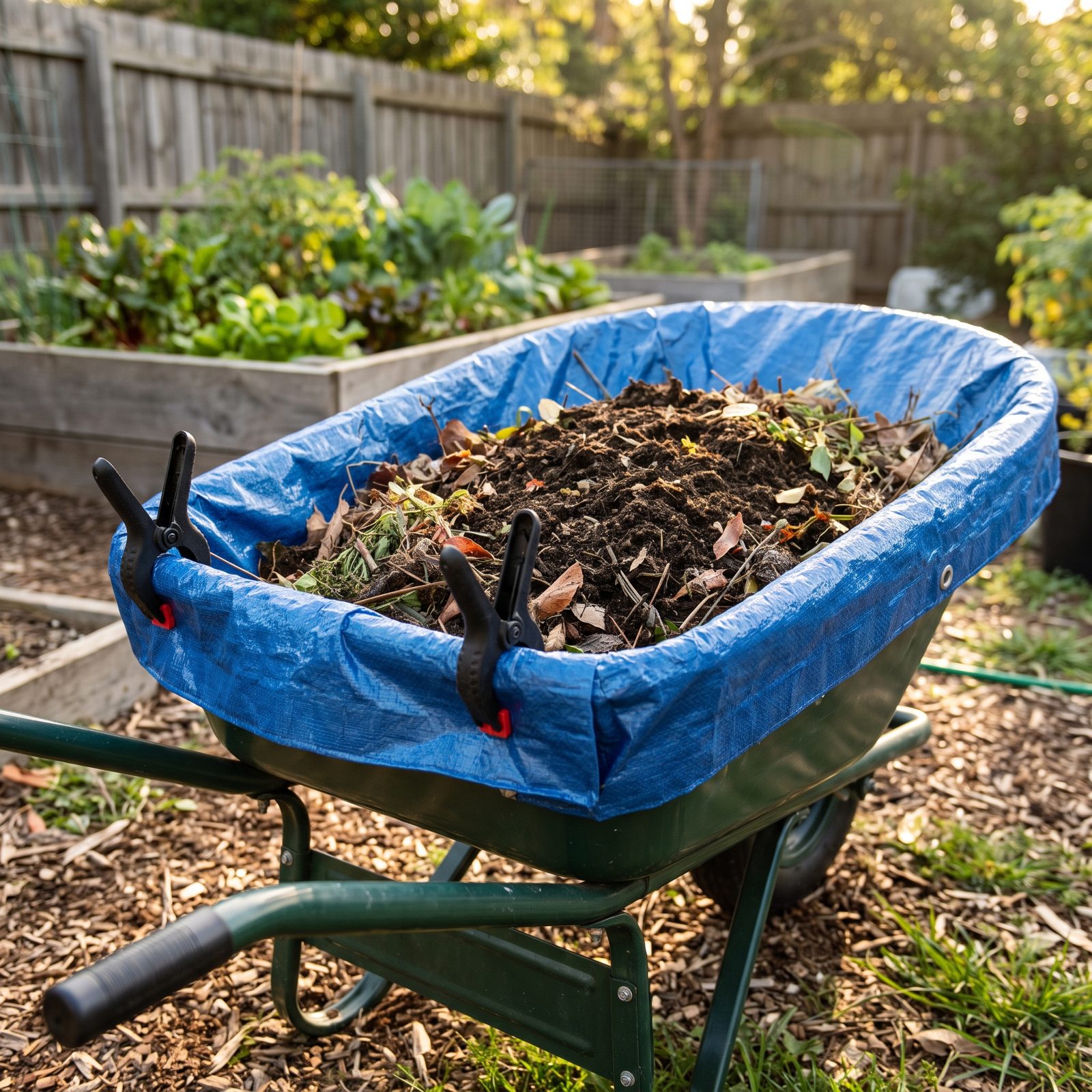 Clamp a Tarp Inside the Wheelbarrow for One-Pull Unloading
