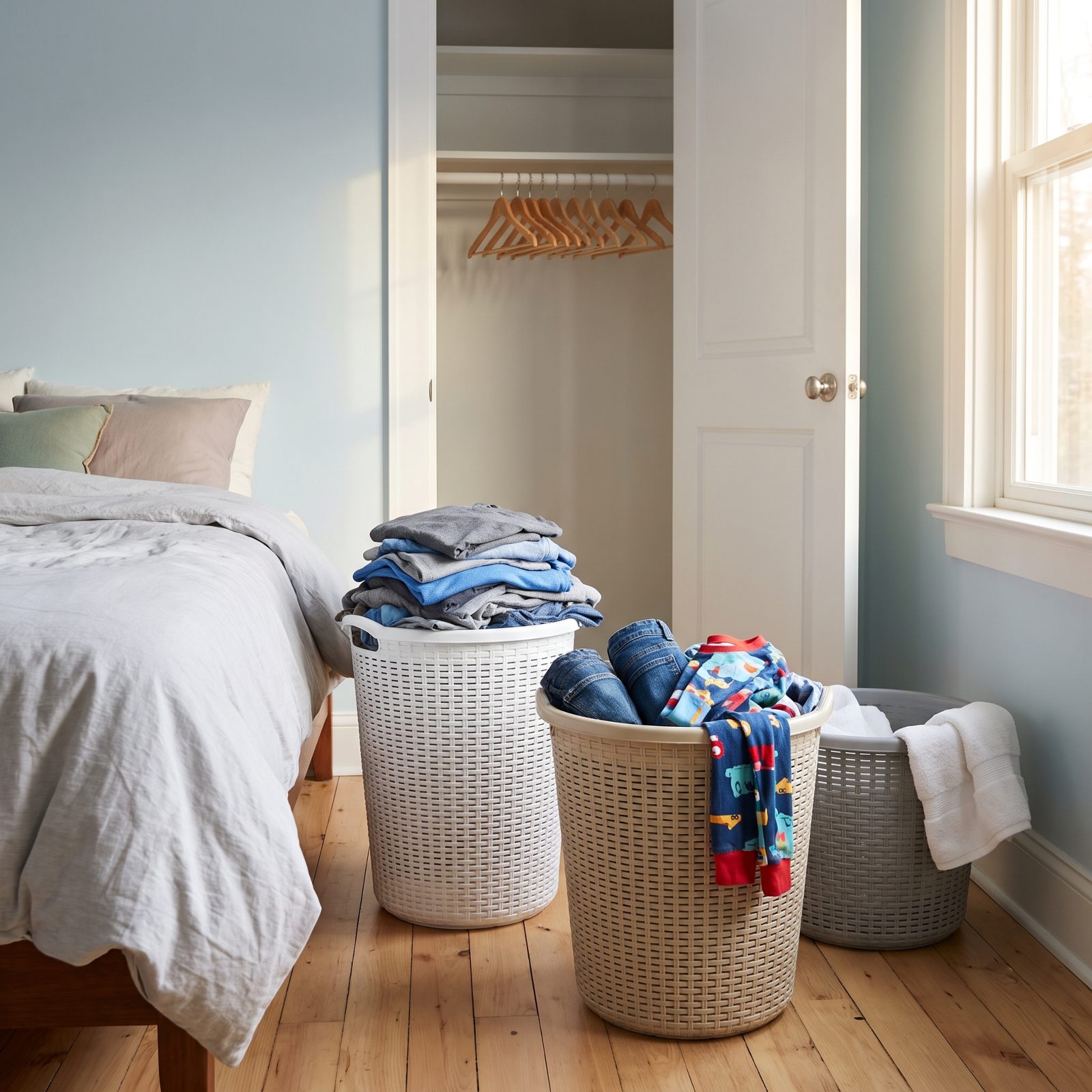 Clean Laundry Living in Baskets Instead of Closets