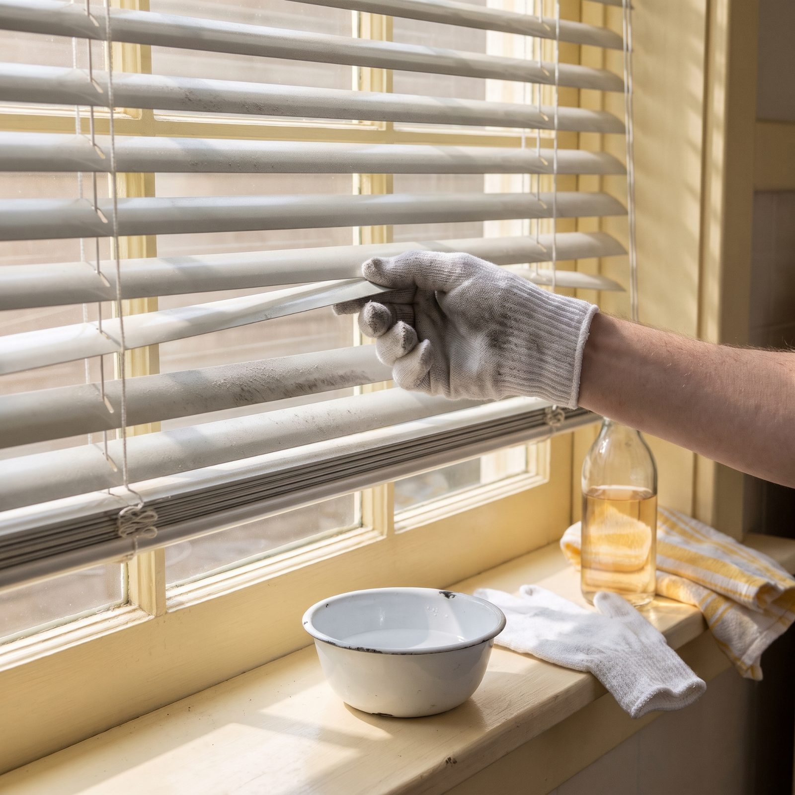 Clean Venetian Blinds With Cotton Gloves on Your Hands