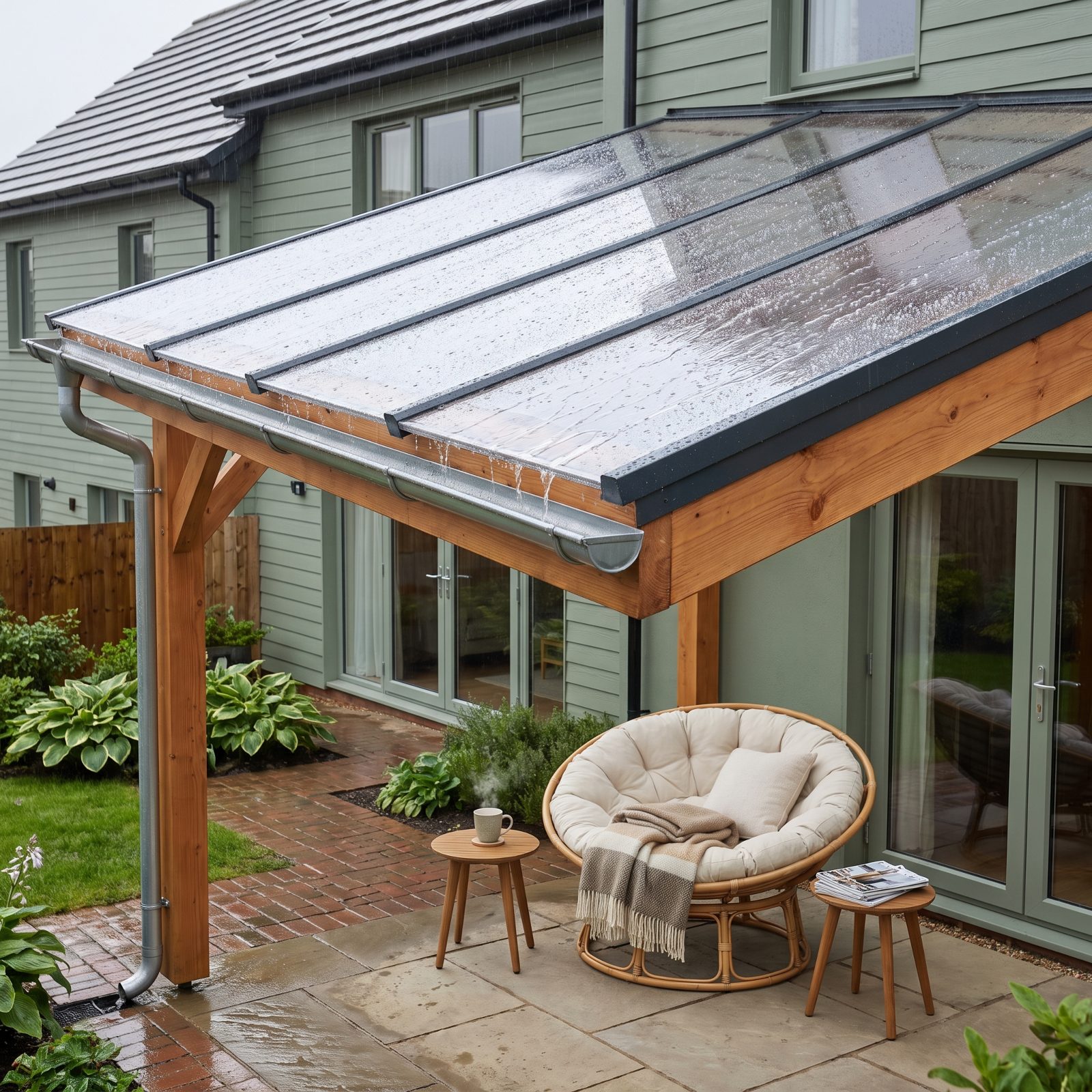 A Clear Rain Roof That Keeps the Pergola Usable in a Downpour