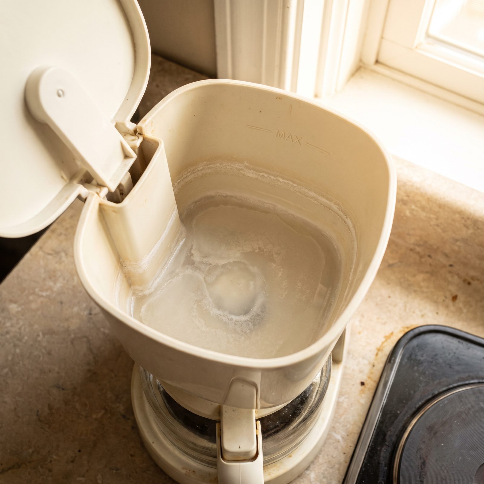 The Coffee Maker Water Reservoir, Scale and Film Build Up Out of Sight