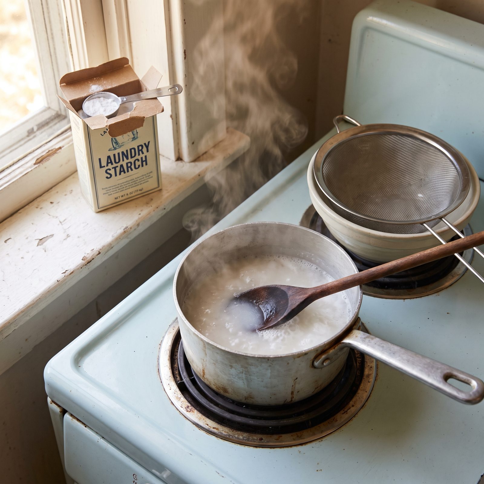 Cooking and Straining Starch for Shirt Collars and Cuffs