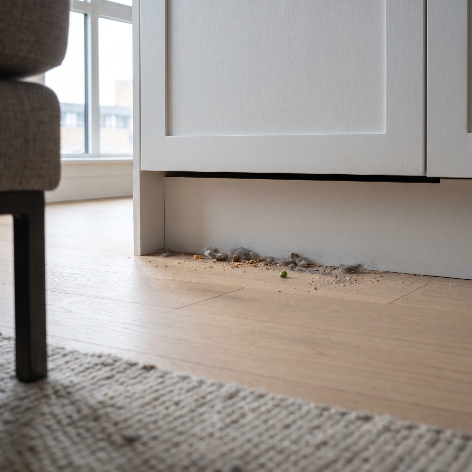 Crumbs Packed Into Cabinet Toe Kicks Mark a Cleaning Boundary