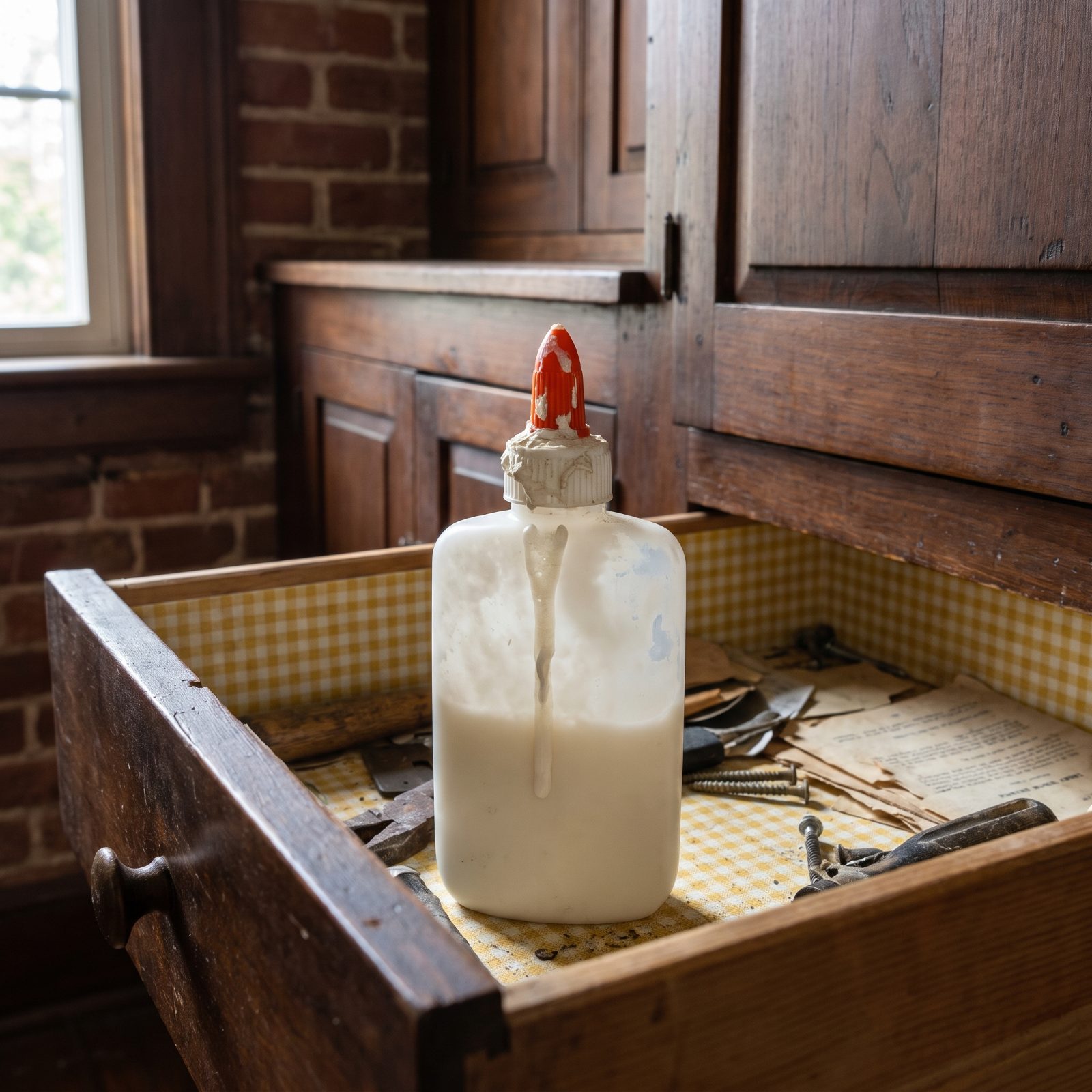 The Crusted Bottle of White Glue With the Clogged Orange Cap