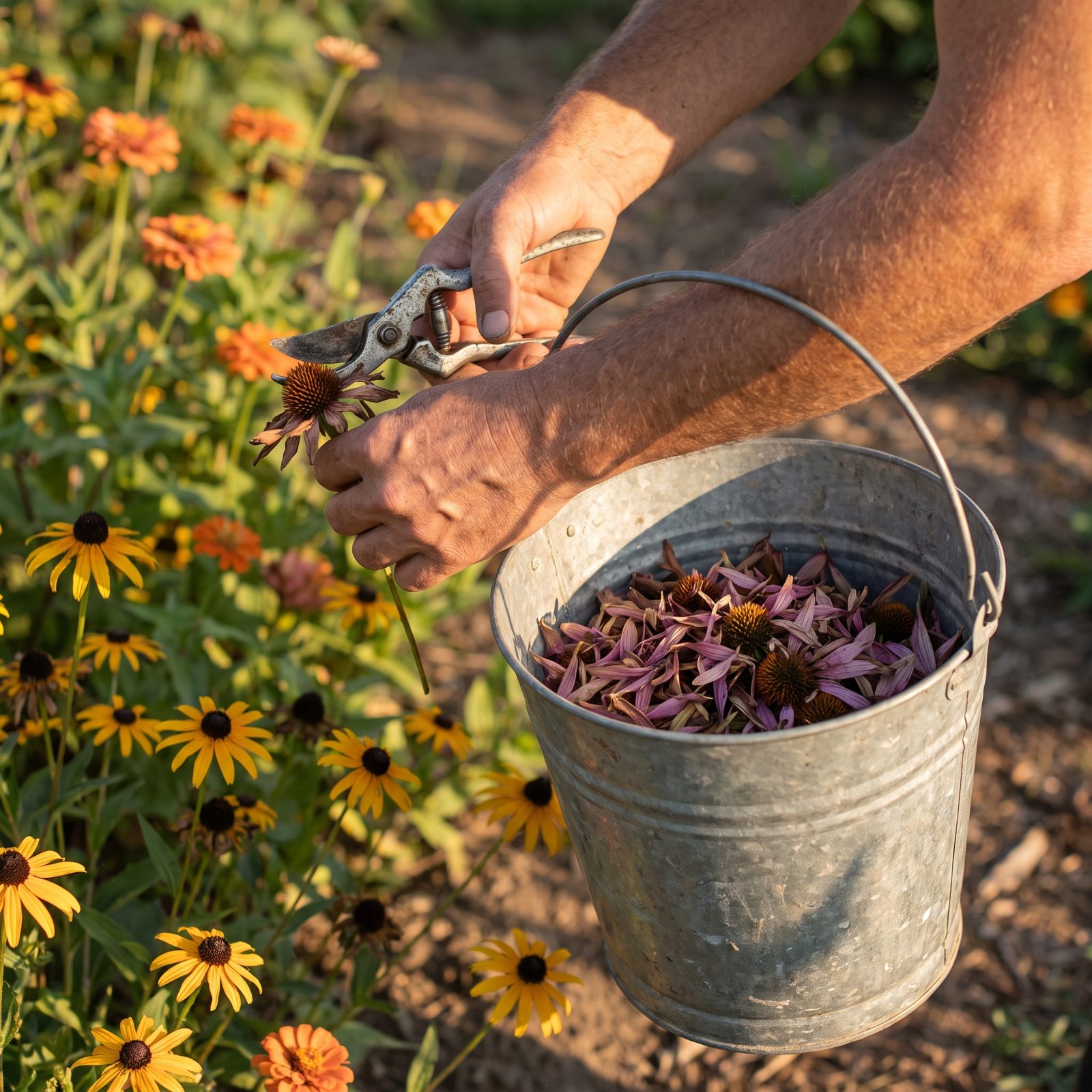 Deadhead Flowers Directly into a Carried Bucket