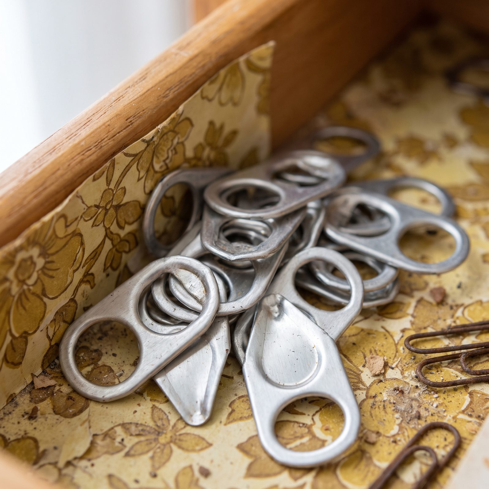 Detached Aluminum Ring-Pull Tabs Saved for Crafts and Homemade Chains