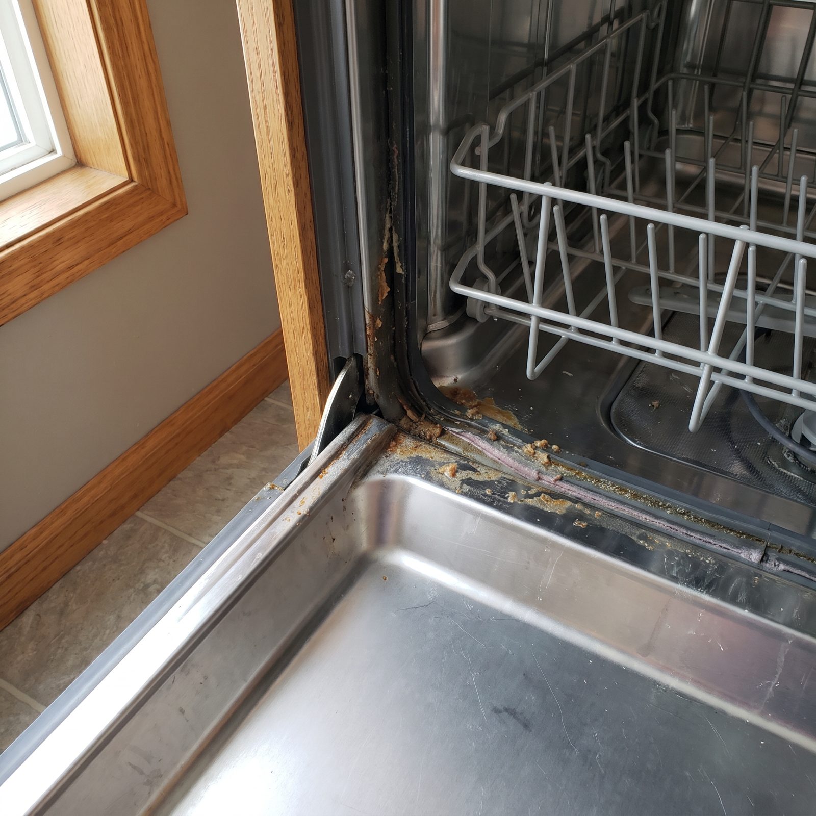 The Dishwasher Door Gasket, Food Residue Settles Along the Lower Edge