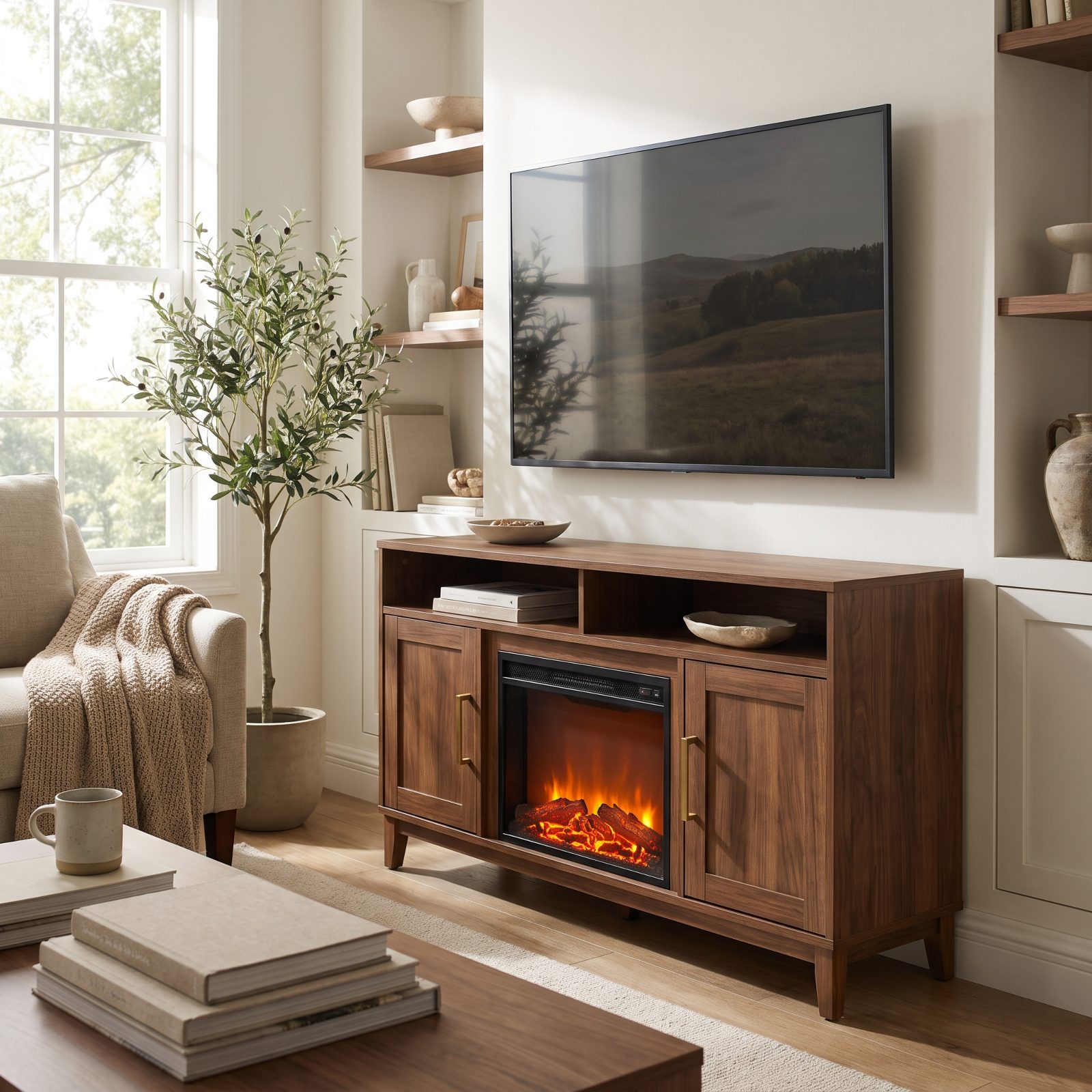 The Entertainment Console With a Fake Fireplace and TV Mount