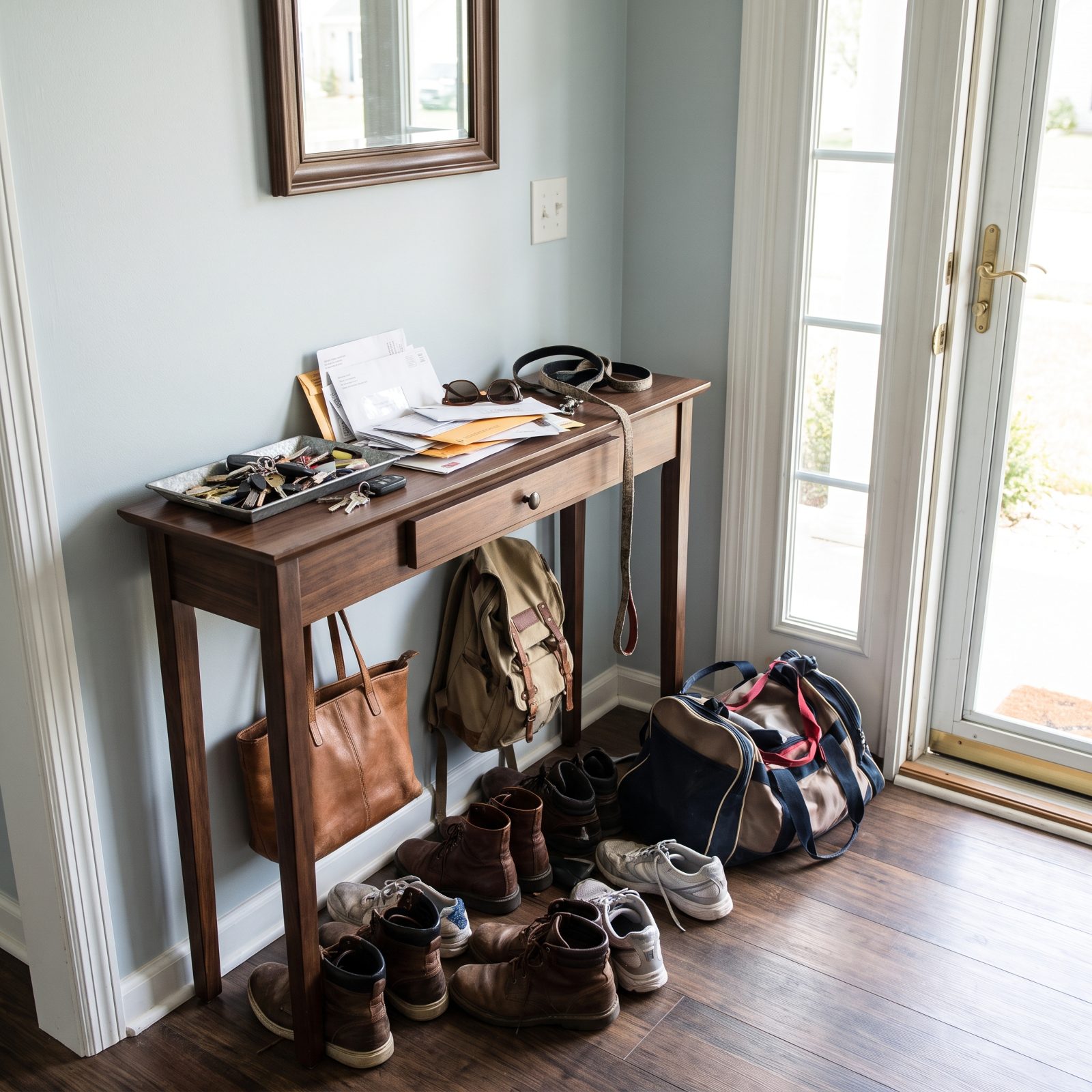 An Entryway Without a Plan, Keys, Bags, Shoes and Mail Fighting Over One Surface