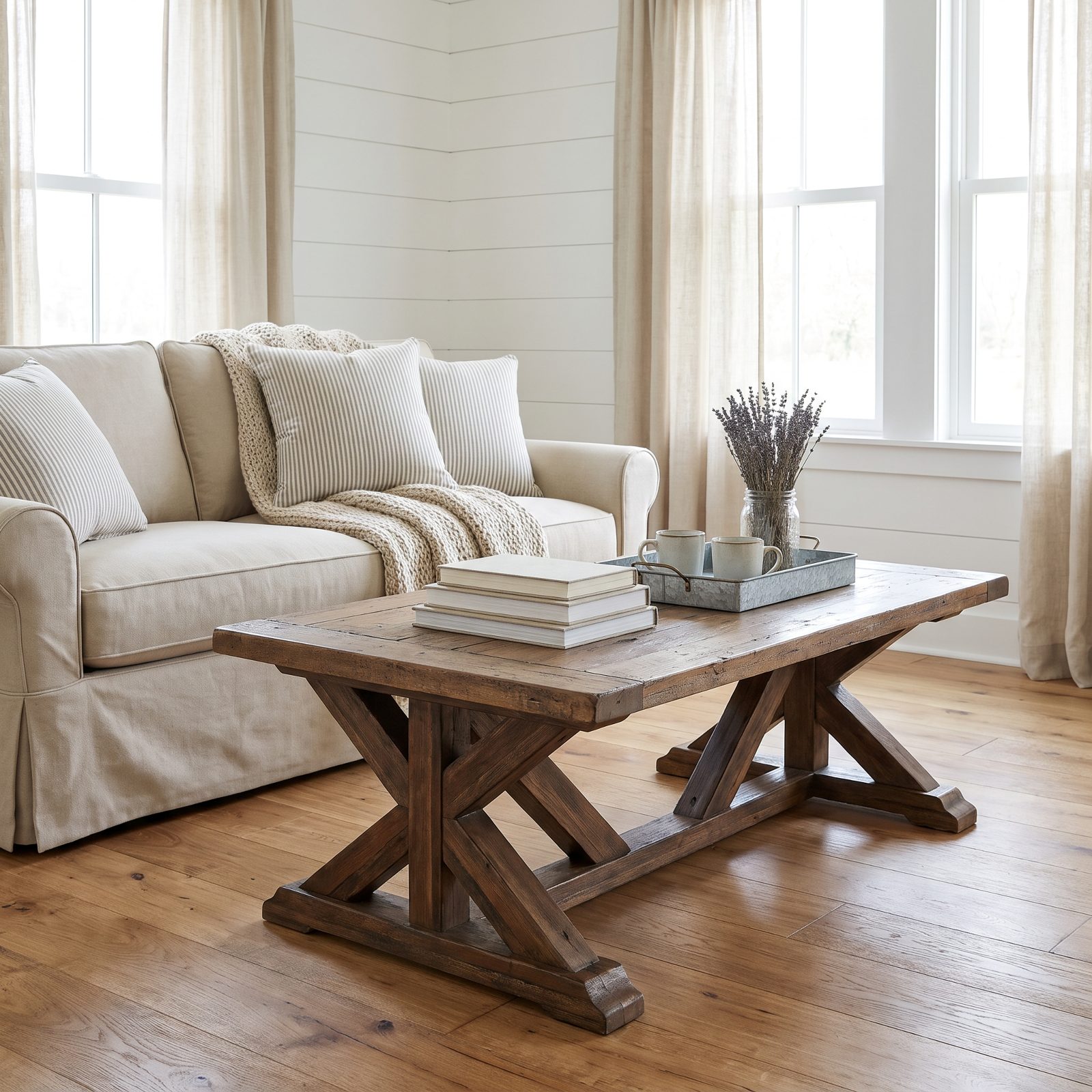 Farmhouse Coffee Table With an X-Frame Base