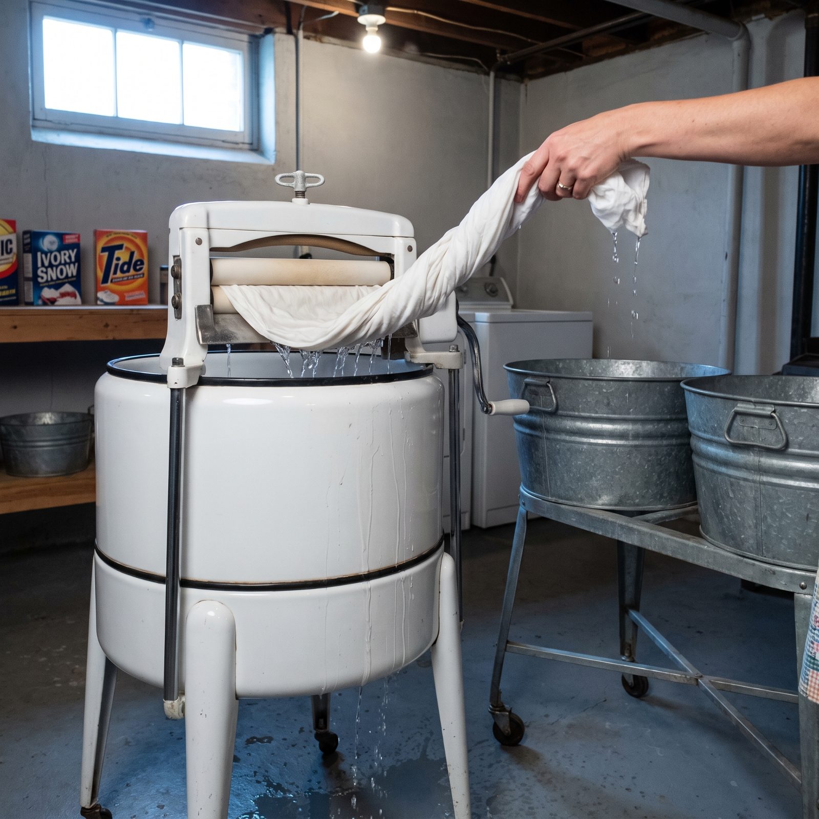 Feeding Laundry Through a Wringer Between Separate Rinse Tubs