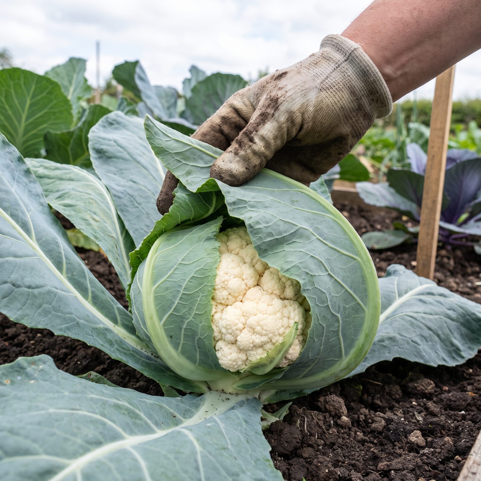 Fold Cauliflower Leaves Over Developing White Heads