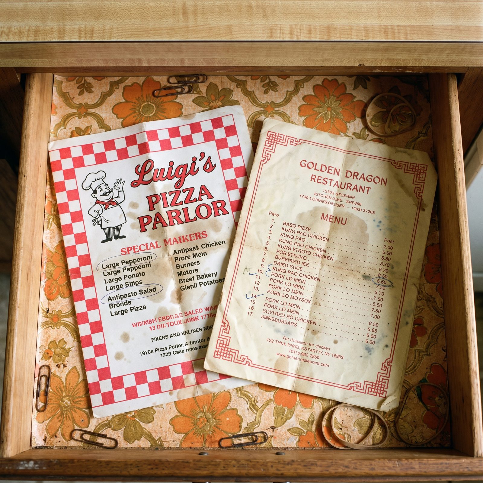 Folded Takeout Menus Soft and Stained From a Hundred Dinner Decisions