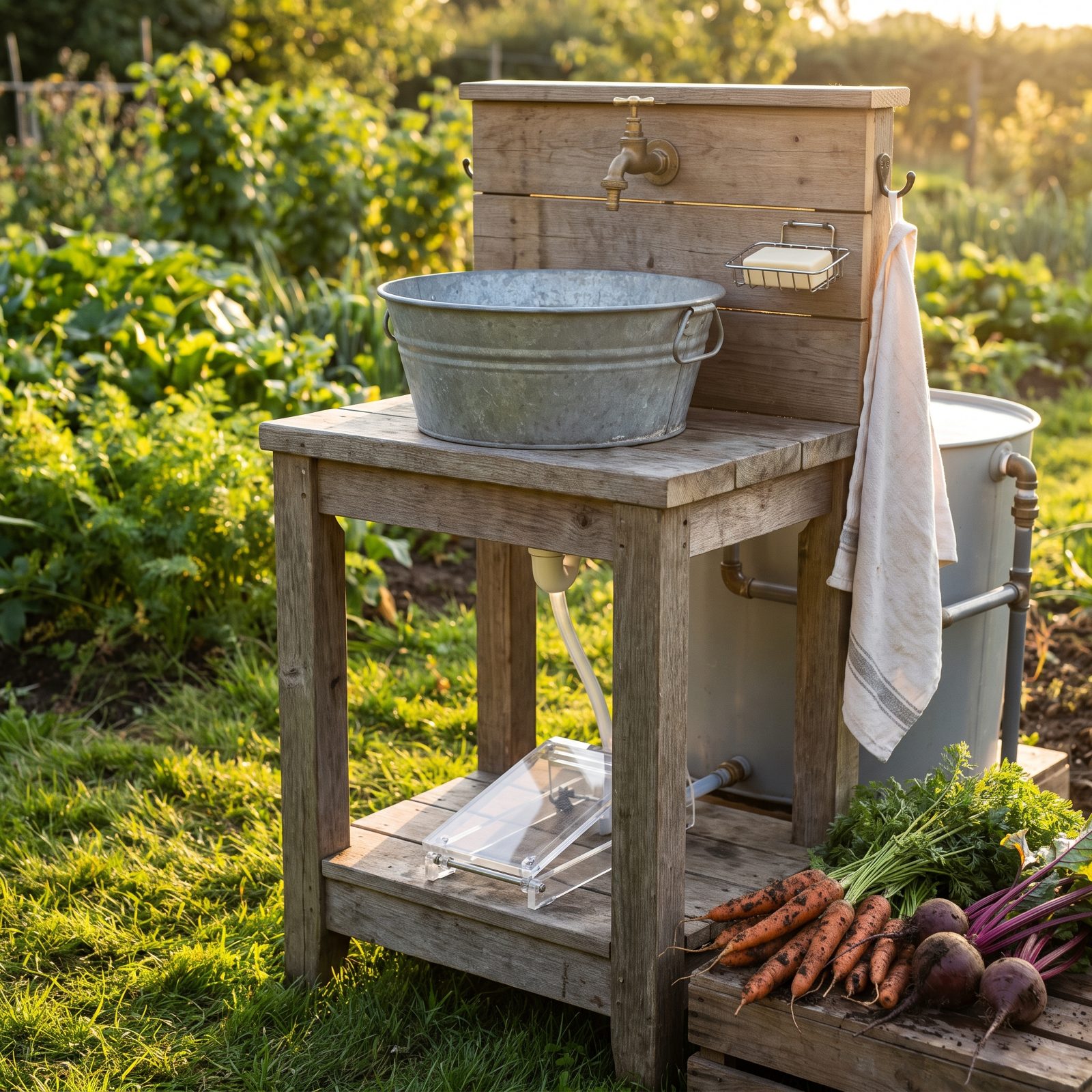 A Foot-Pump Handwashing Station Near the Growing Beds