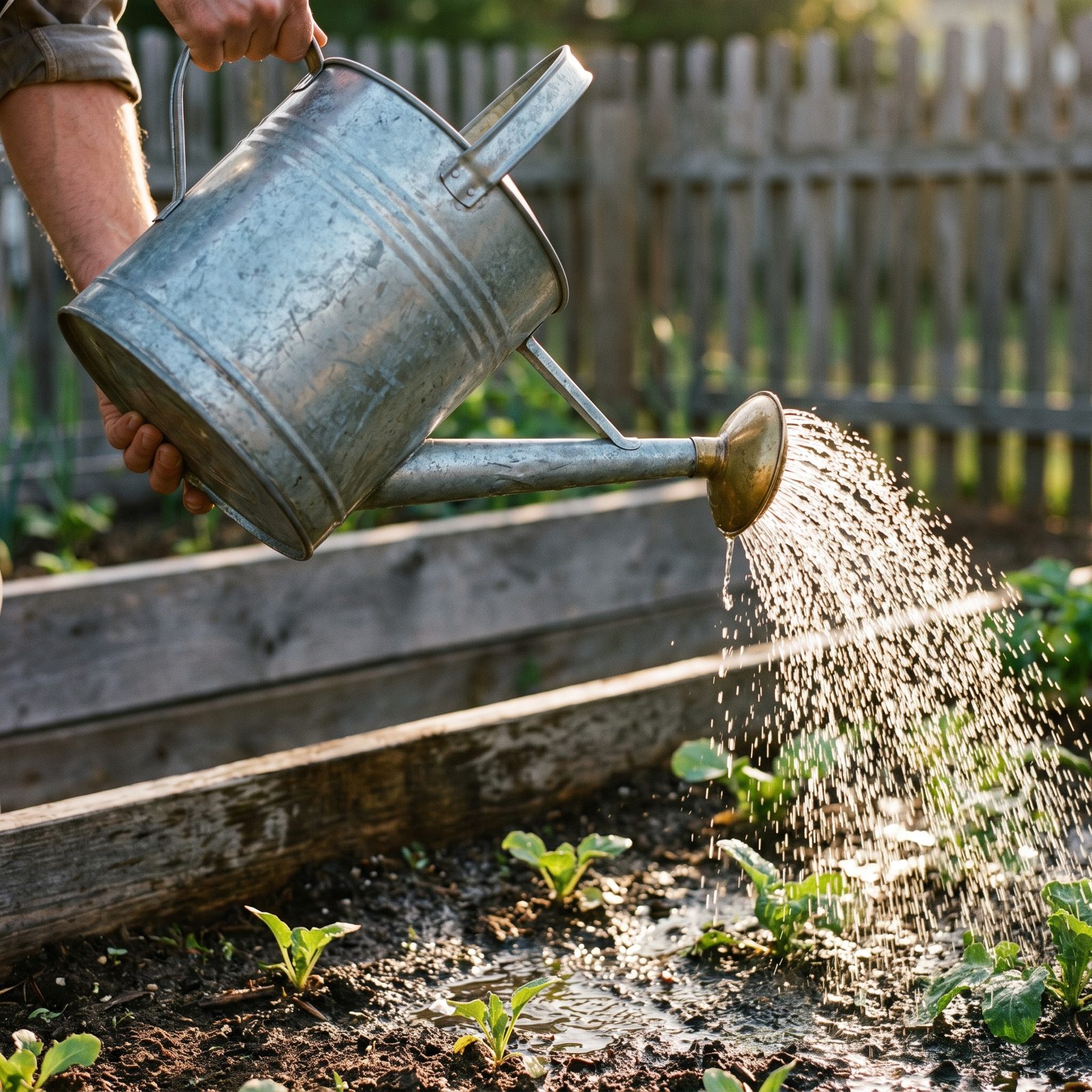 A Galvanized Watering Can With a Long Rose
