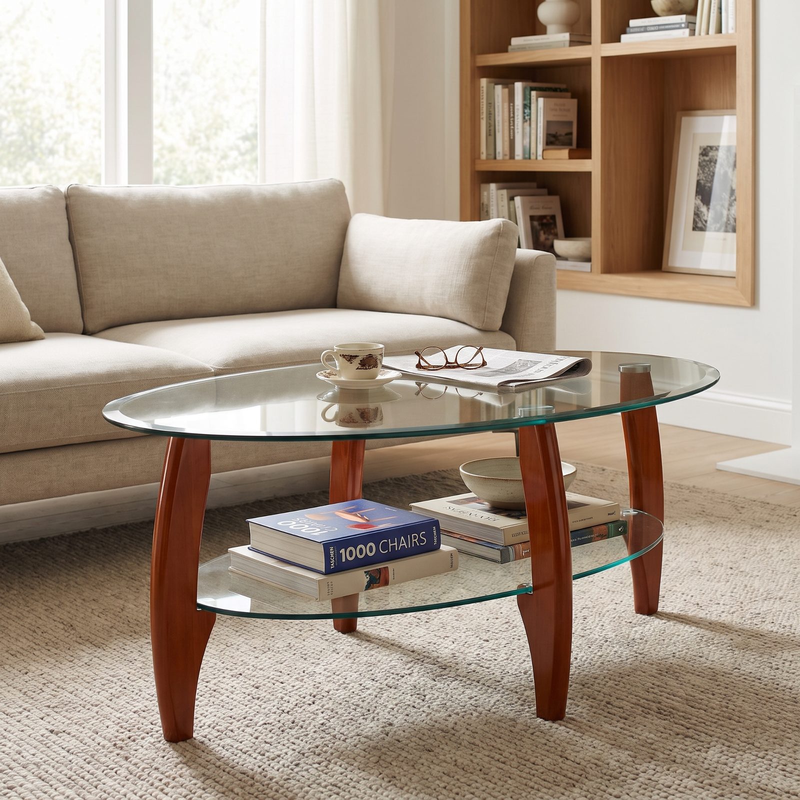 The Glass Coffee Table With Curved Cherry Legs