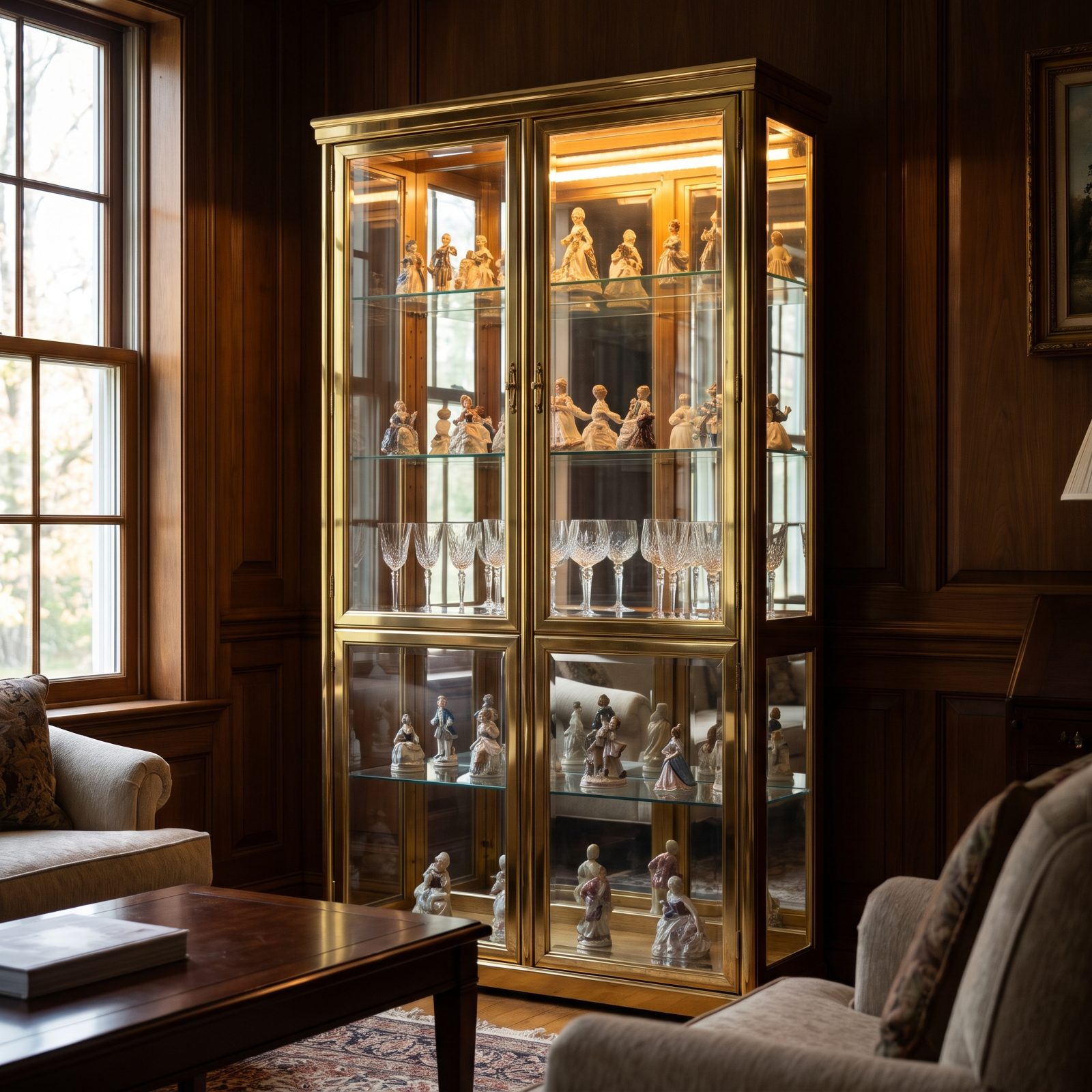 Glass Curio Cabinet With Brass Trim