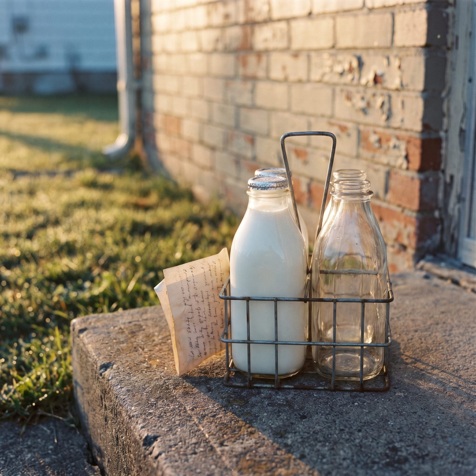 Glass Milk Bottles Waiting on the Front Step at Dawn