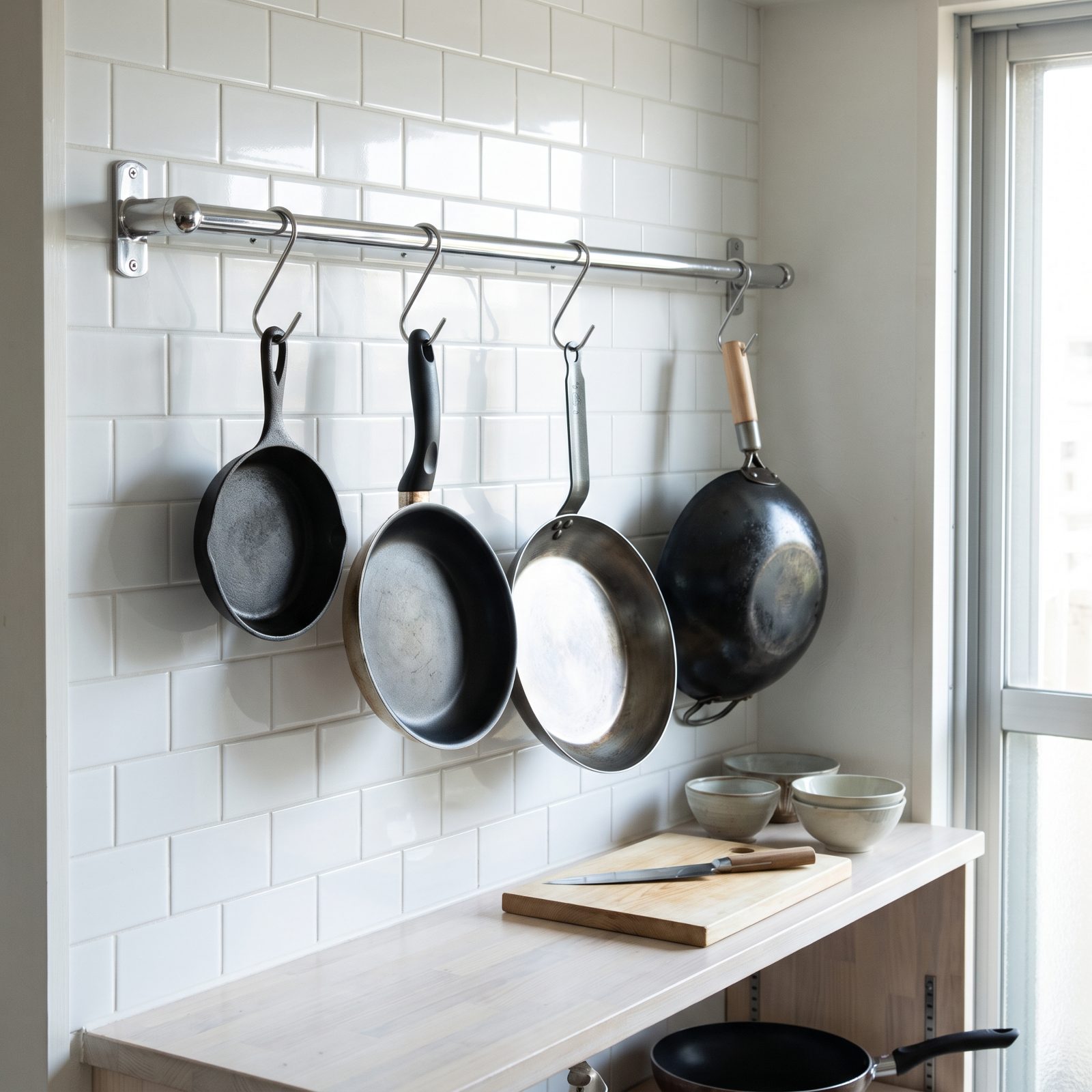 Hang Frying Pans From a Rail Instead of Stacking Them