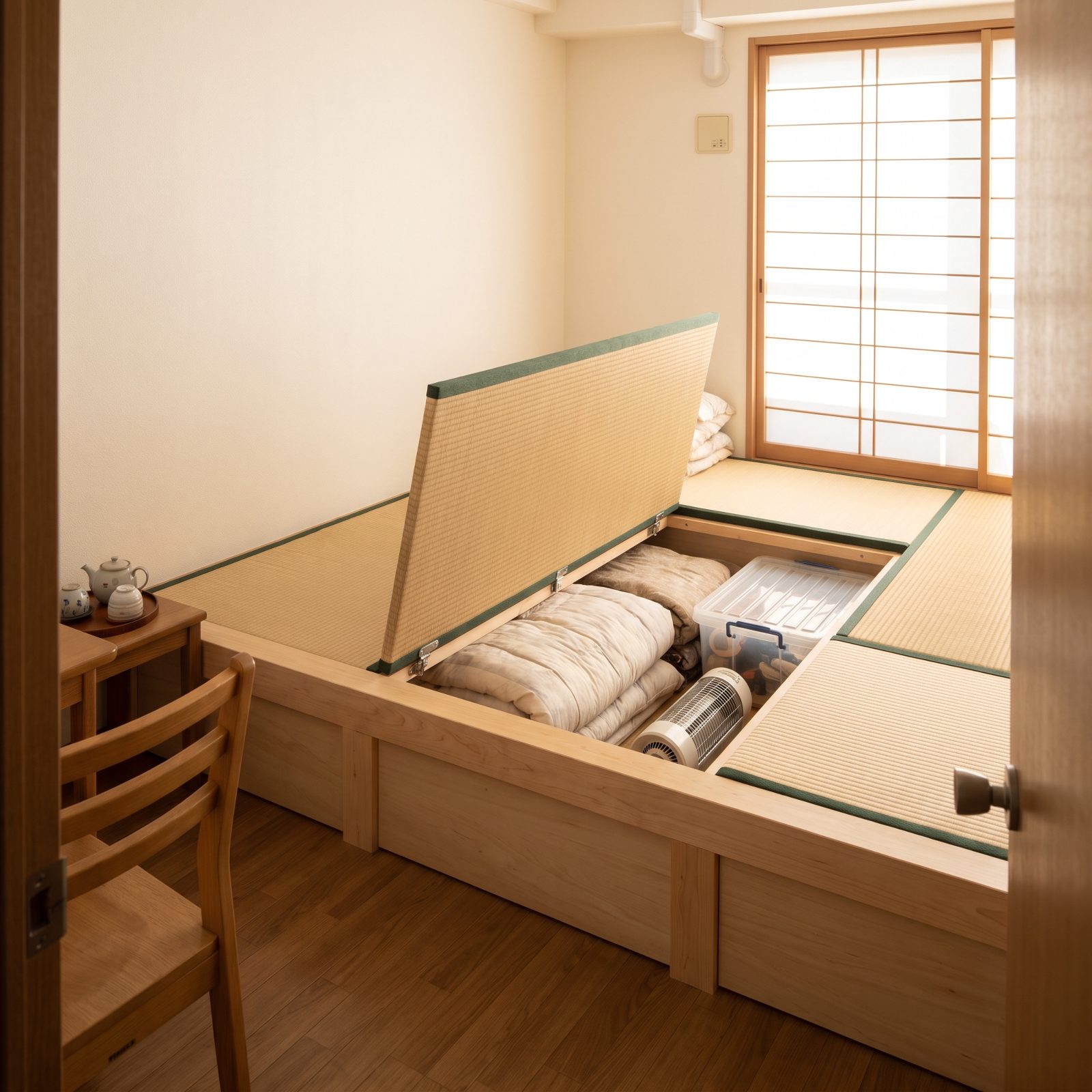Hide Seasonal Belongings Beneath a Raised Tatami Platform